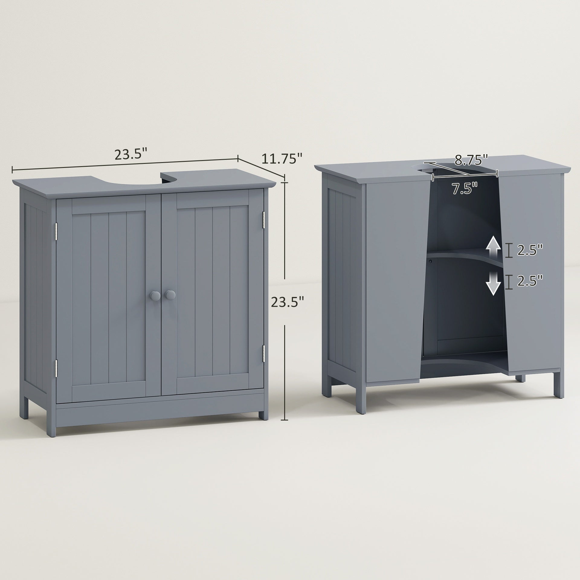 HOMCOM Under Sink Bathroom Cabinet, Pedestal Sink Storage Cabinet with 2 Doors, Shelf and U-Shape, Gray
