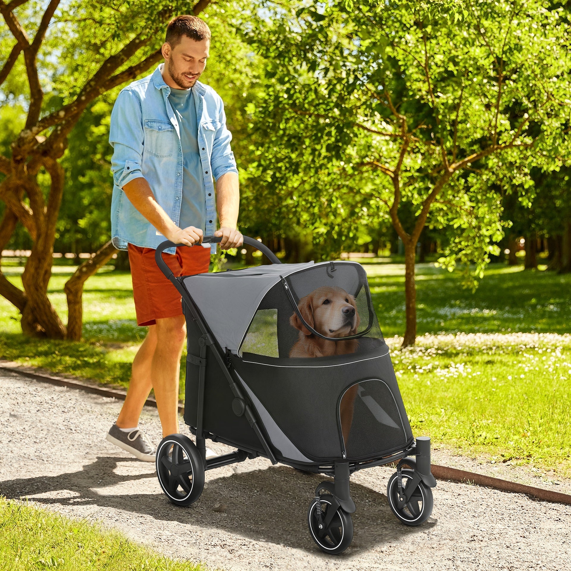 PawHut Dog Stroller for Large Medium Small Dogs up to 66 Lbs. 23.5" in Body Length, One-Click Foldable Pet Cat Stroller with Storage, Shock Absorption Wheels, Mesh Window, Safety Leash, Gray