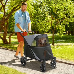 PawHut Dog Stroller for Large Medium Small Dogs up to 66 Lbs. 23.5" in Body Length, One-Click Foldable Pet Cat Stroller with Storage, Shock Absorption Wheels, Mesh Window, Safety Leash, Gray