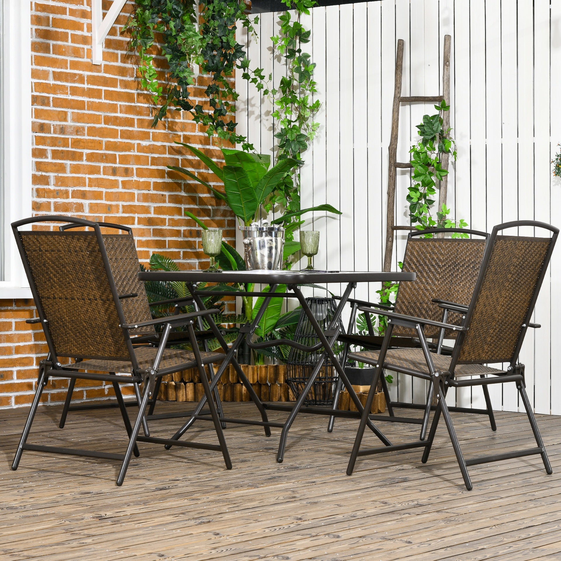 Outsunny 5 Pieces Patio Table and Chairs, Foldable Wicker Outdoor Dining Table Set with Umbrella Hole, Dark Brown