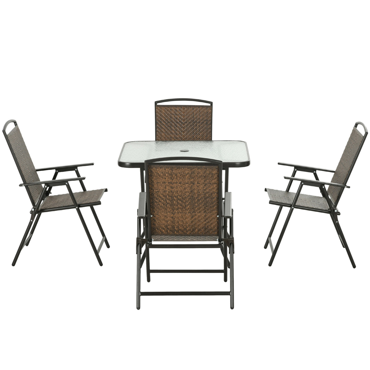 Outsunny 5 Pieces Patio Table and Chairs, Foldable Wicker Outdoor Dining Table Set with Umbrella Hole, Dark Brown