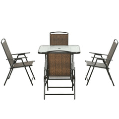 Outsunny 5 Pieces Patio Table and Chairs, Foldable Wicker Outdoor Dining Table Set with Umbrella Hole, Dark Brown