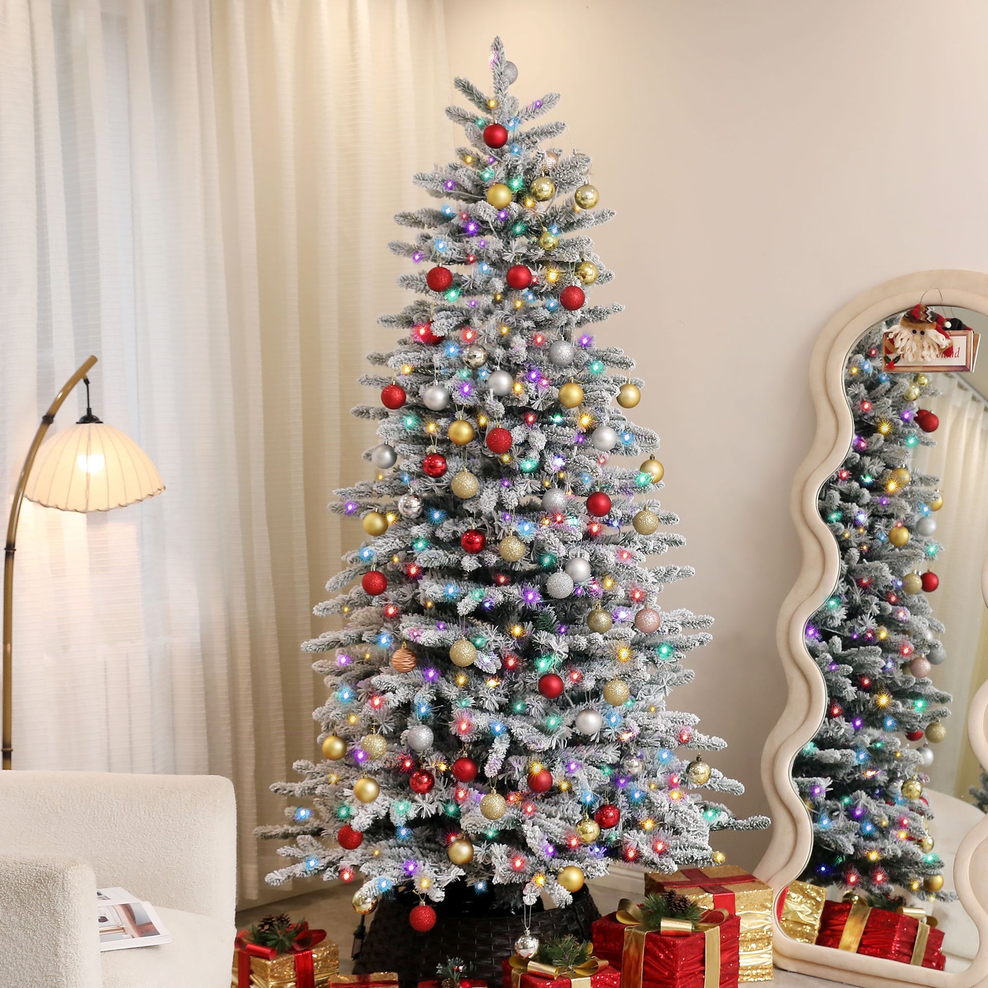 HOMCOM 7.5ft Snow Flocked Artificial Christmas Tree, Pre-Lit Christmas Tree with 500 LED Lights and 1264 Branch Tips, Green