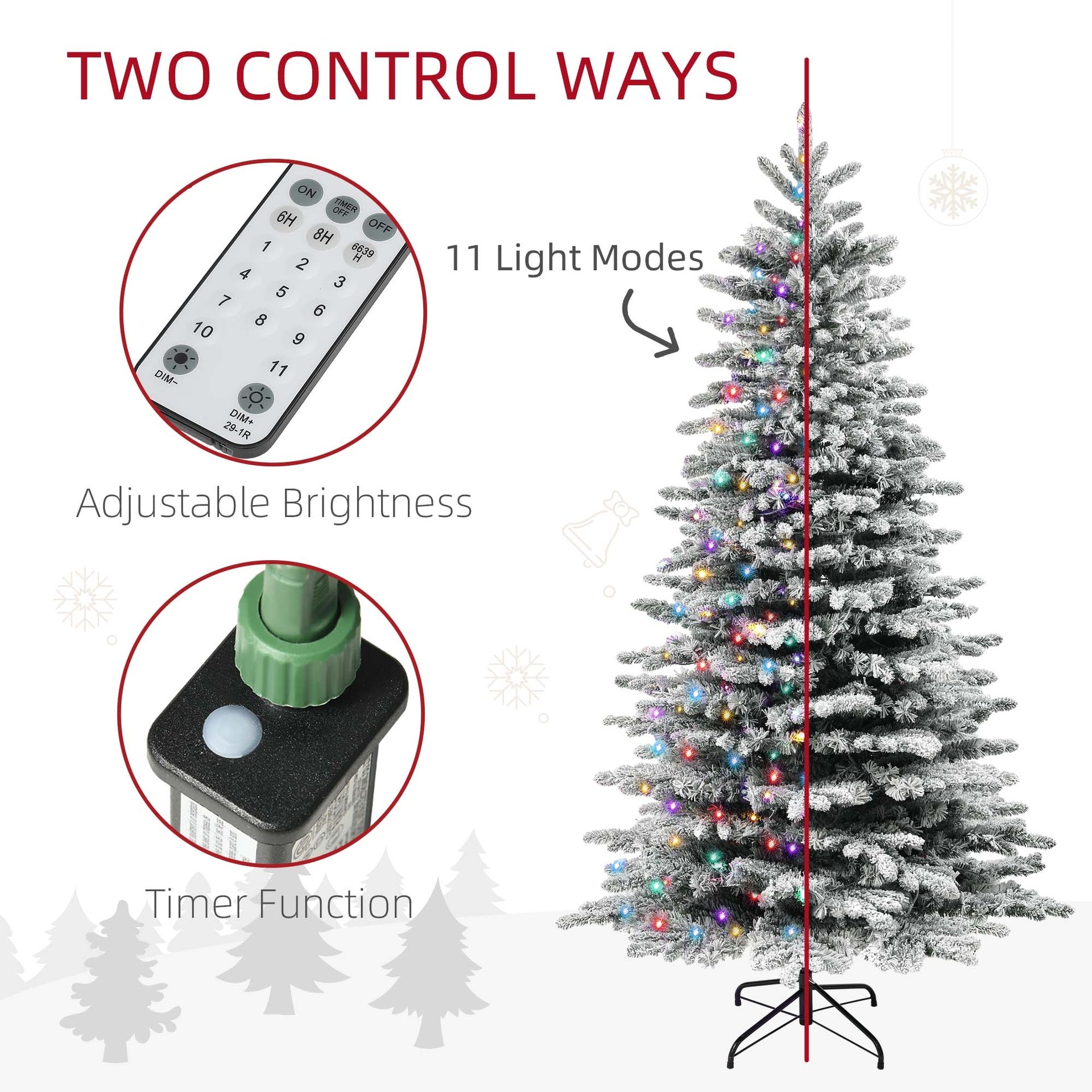 HOMCOM 7.5ft Snow Flocked Artificial Christmas Tree, Pre-Lit Christmas Tree with 500 LED Lights and 1264 Branch Tips, Green