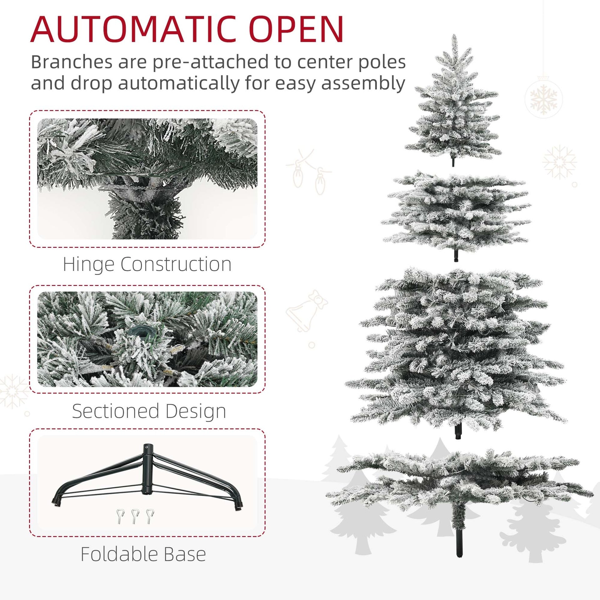 HOMCOM 7.5ft Snow Flocked Artificial Christmas Tree, Pre-Lit Christmas Tree with 500 LED Lights and 1264 Branch Tips, Green