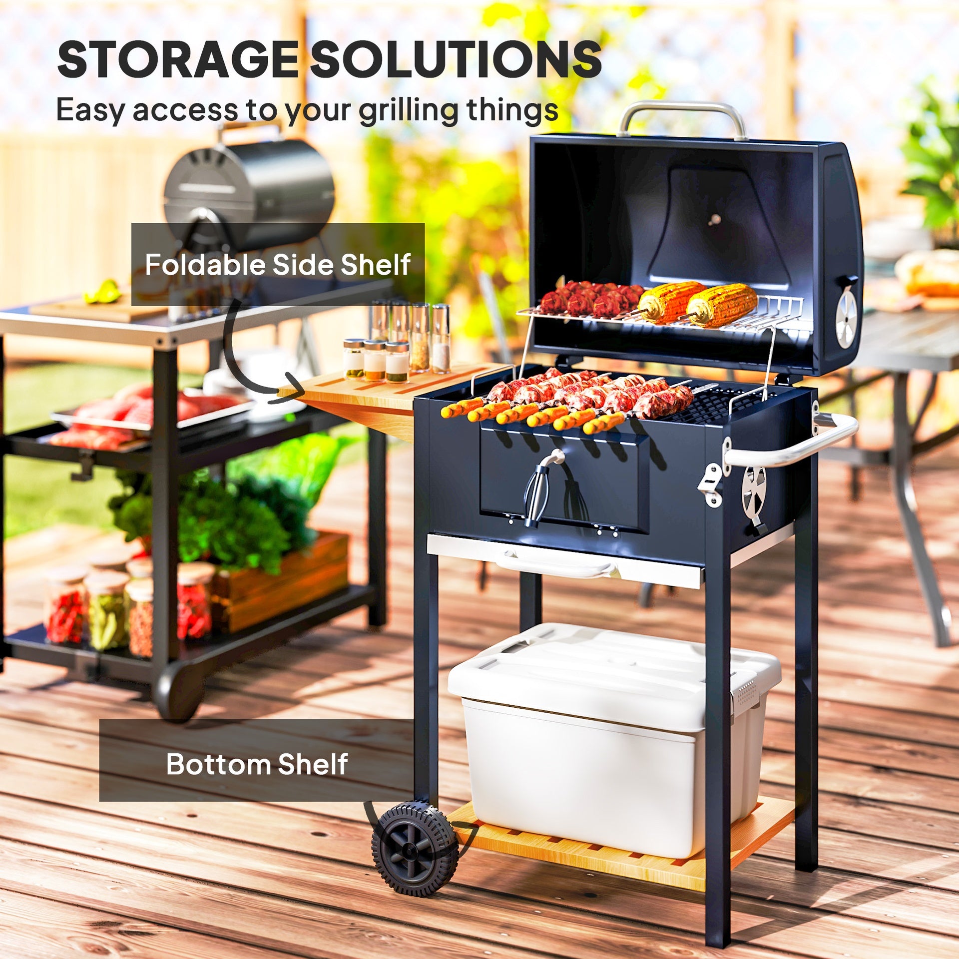 Outsunny Charcoal BBQ Grill, Outdoor Portable Cooker for Camping or Backyard Picnic, Barbecue Grill with Side Table, Bottom Storage Shelf, Wheels and Handle, Black