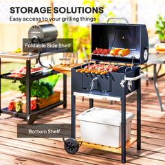 Outsunny Charcoal BBQ Grill, Outdoor Portable Cooker for Camping or Backyard Picnic, Barbecue Grill with Side Table, Bottom Storage Shelf, Wheels and Handle, Black