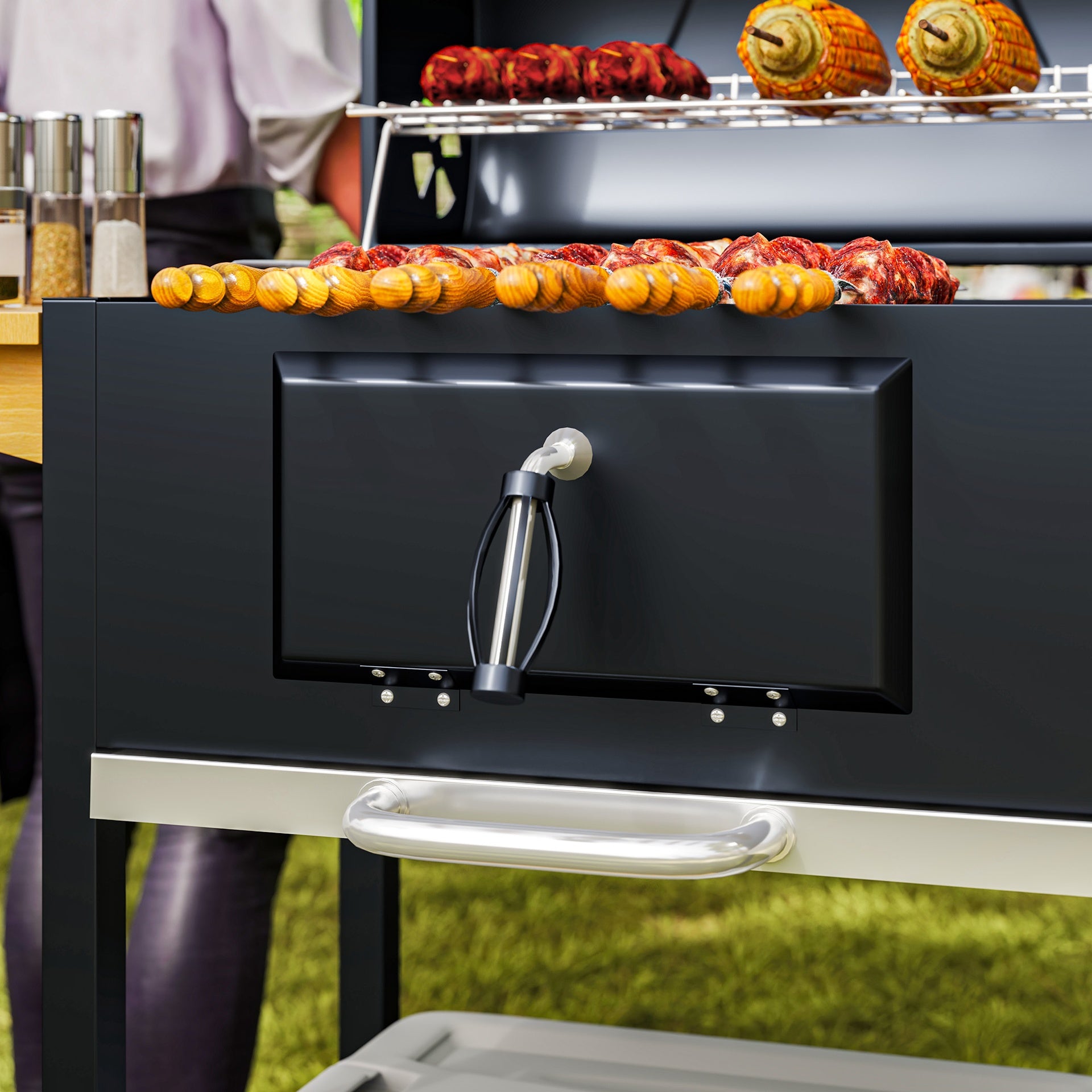 Outsunny Charcoal BBQ Grill, Outdoor Portable Cooker for Camping or Backyard Picnic, Barbecue Grill with Side Table, Bottom Storage Shelf, Wheels and Handle, Black