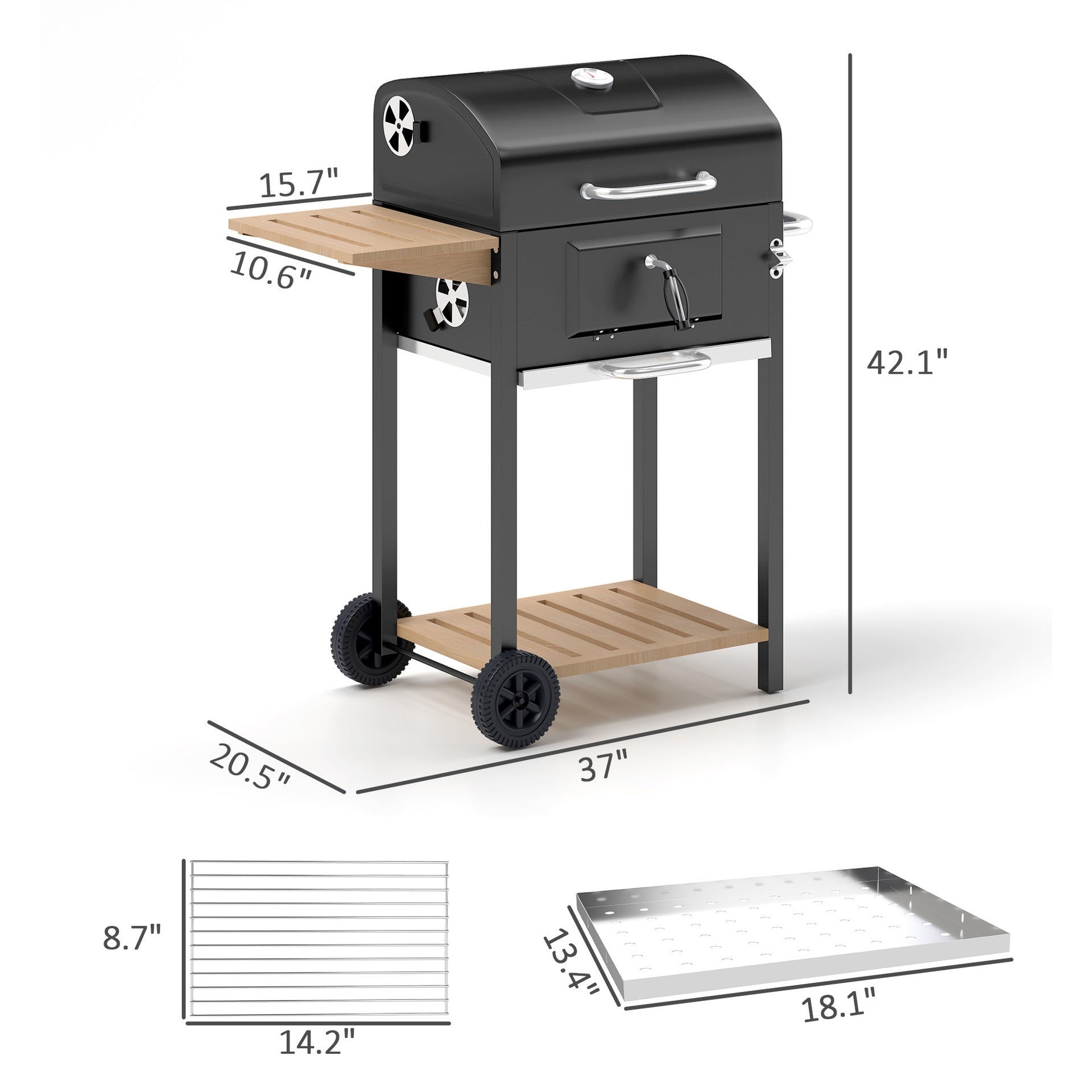 Outsunny Charcoal BBQ Grill, Outdoor Portable Cooker for Camping or Backyard Picnic, Barbecue Grill with Side Table, Bottom Storage Shelf, Wheels and Handle, Black