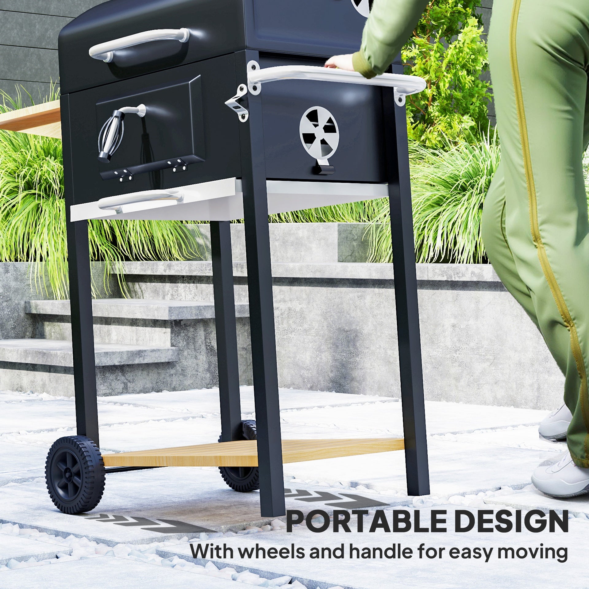 Outsunny Charcoal BBQ Grill, Outdoor Portable Cooker for Camping or Backyard Picnic, Barbecue Grill with Side Table, Bottom Storage Shelf, Wheels and Handle, Black