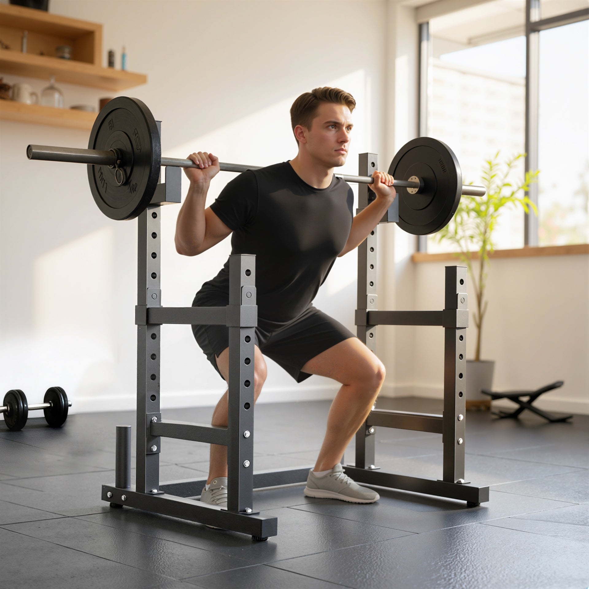 Soozier Adjustable Squat Rack, 660lbs Multi-Functional Bench Press Rack for Weight Lifting Home Gym Strength Training, Black