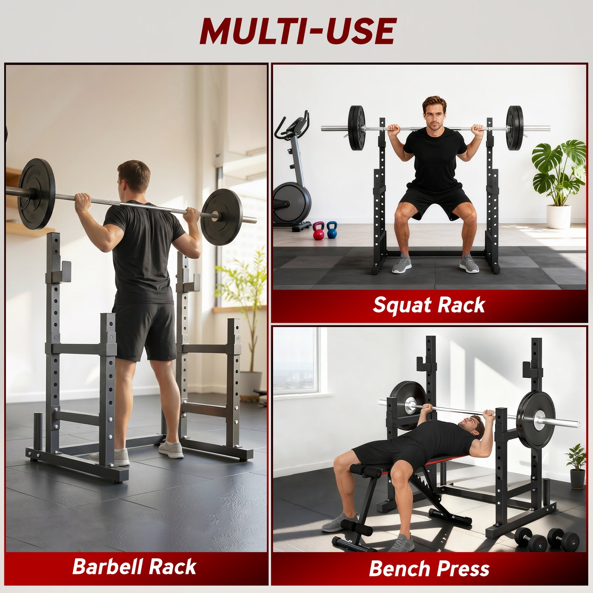 Soozier Adjustable Squat Rack, 660lbs Multi-Functional Bench Press Rack for Weight Lifting Home Gym Strength Training, Black