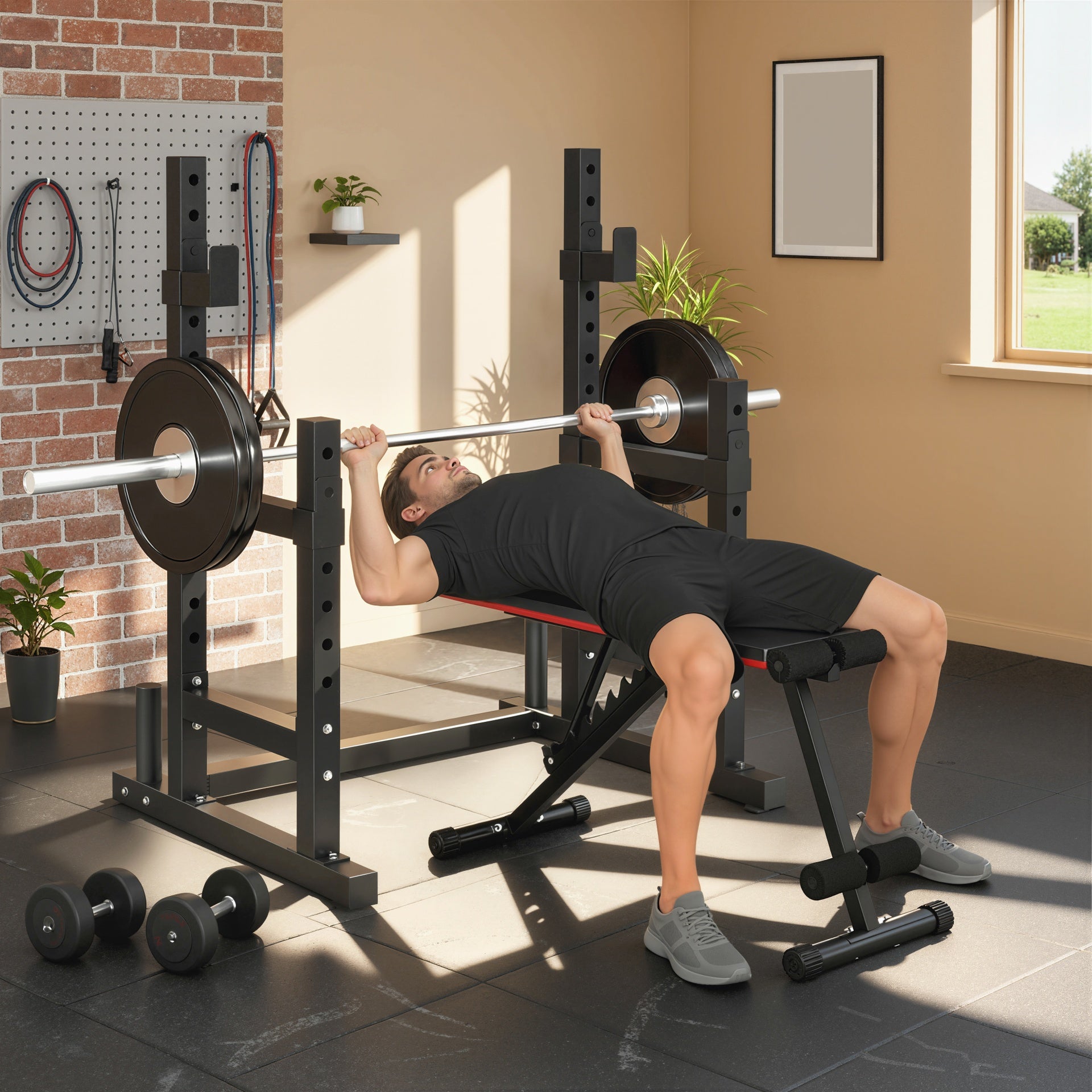 Soozier Adjustable Squat Rack, 660lbs Multi-Functional Bench Press Rack for Weight Lifting Home Gym Strength Training, Black