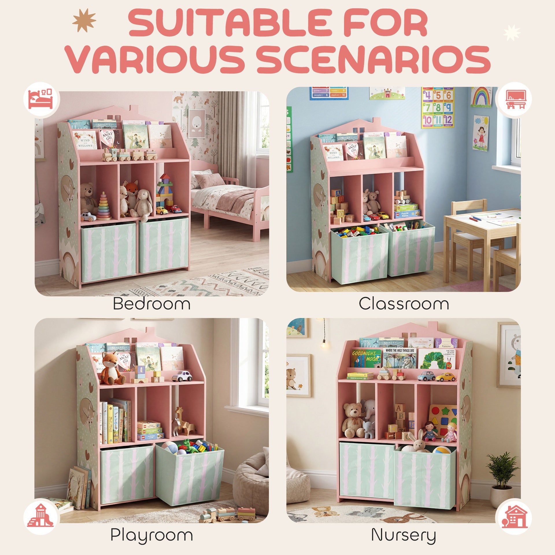 Qaba Kids Bookshelf with Storage, Toy Storage Unit with Book Display, Shelves and Fabric Drawers for Playroom Nursery, Pink