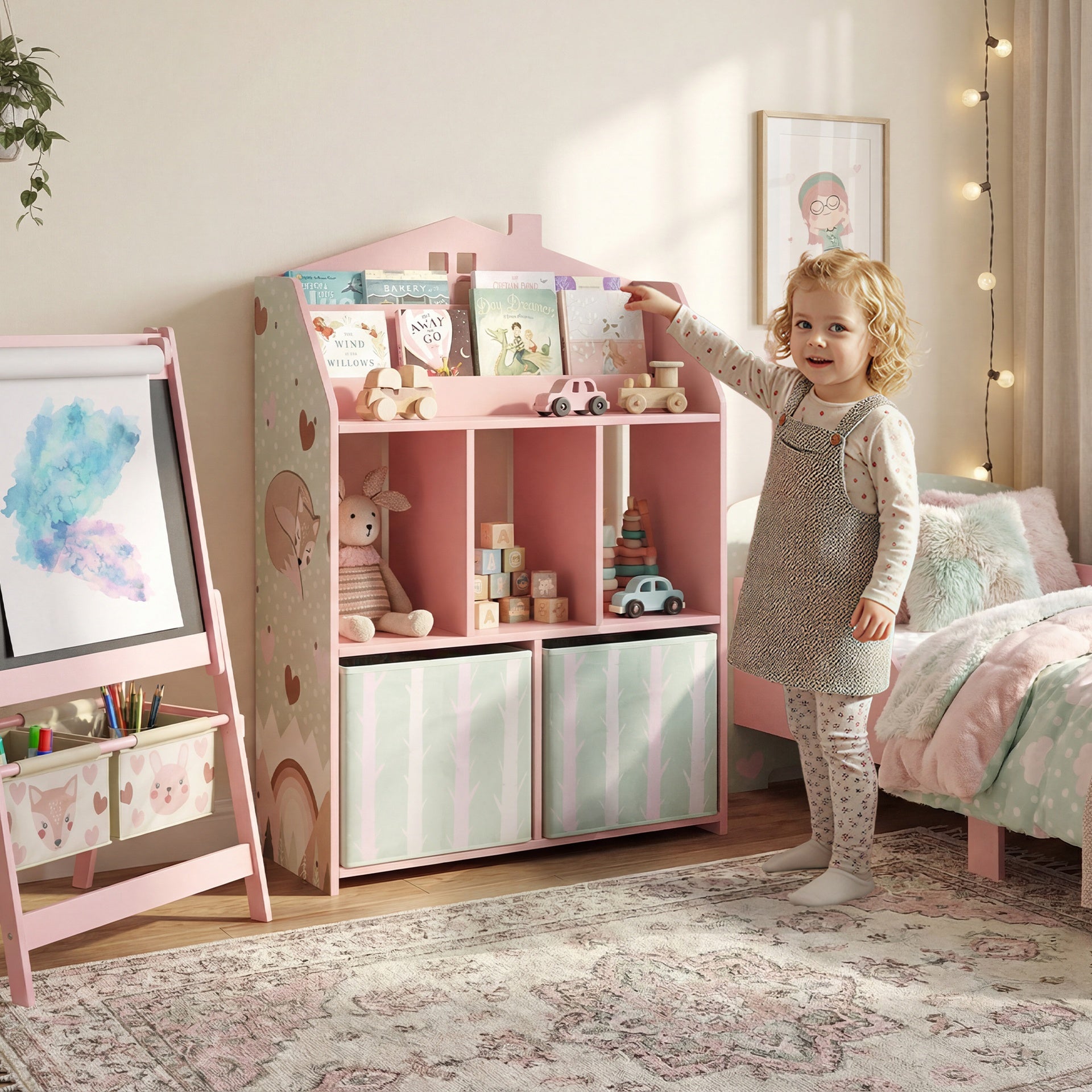 Qaba Kids Bookshelf with Storage, Toy Storage Unit with Book Display, Shelves and Fabric Drawers for Playroom Nursery, Pink