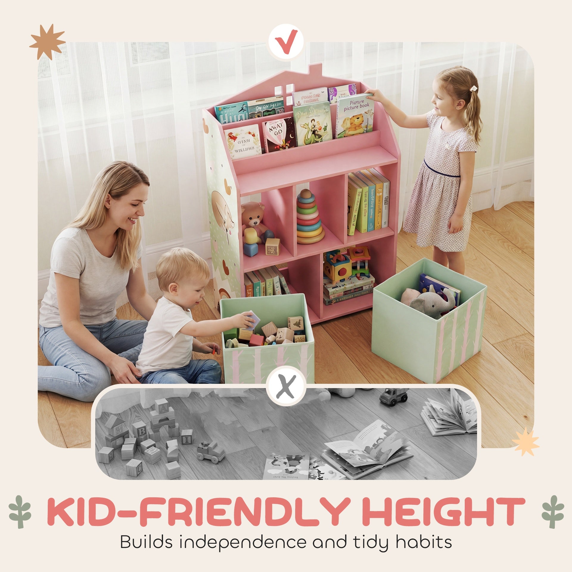Qaba Kids Bookshelf with Storage, Toy Storage Unit with Book Display, Shelves and Fabric Drawers for Playroom Nursery, Pink