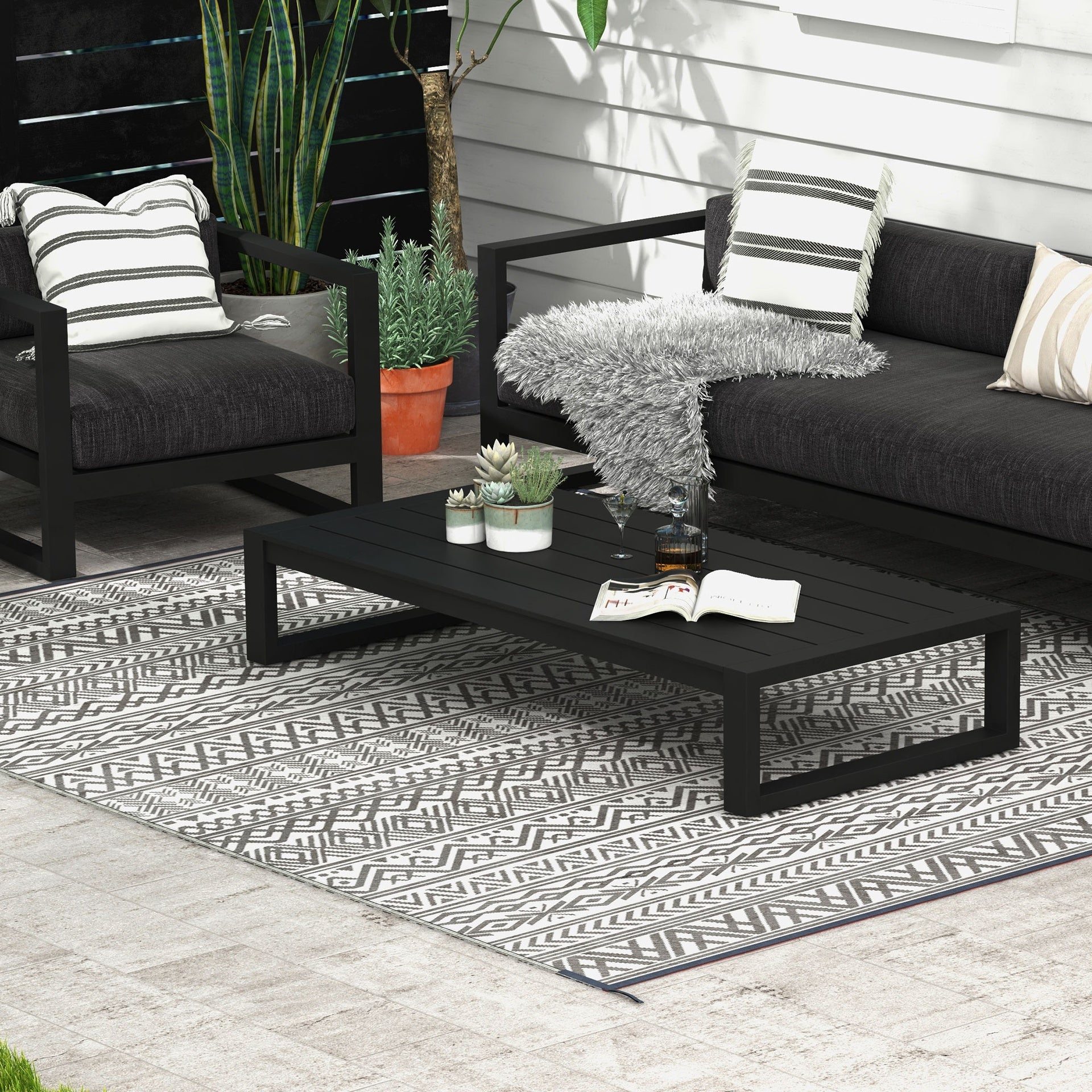 Outsunny Reversible Outdoor Rug Carpet RV Camping Rugs with Carry Bag, 8' x 10', Gray & Cream White Boho
