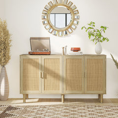HOMCOM Bohemian Sideboard, 62.2" Buffet Cabinet with 4 Rattan Doors and Shelves for Living Room, Hallway, Natural