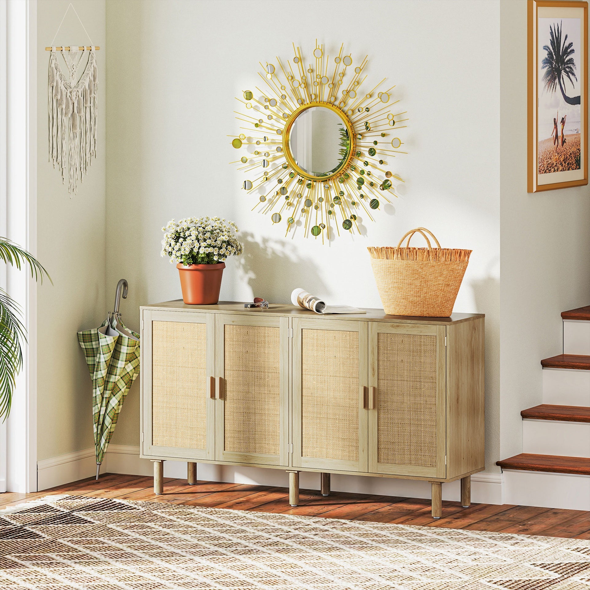HOMCOM Bohemian Sideboard, 62.2" Buffet Cabinet with 4 Rattan Doors and Shelves for Living Room, Hallway, Natural