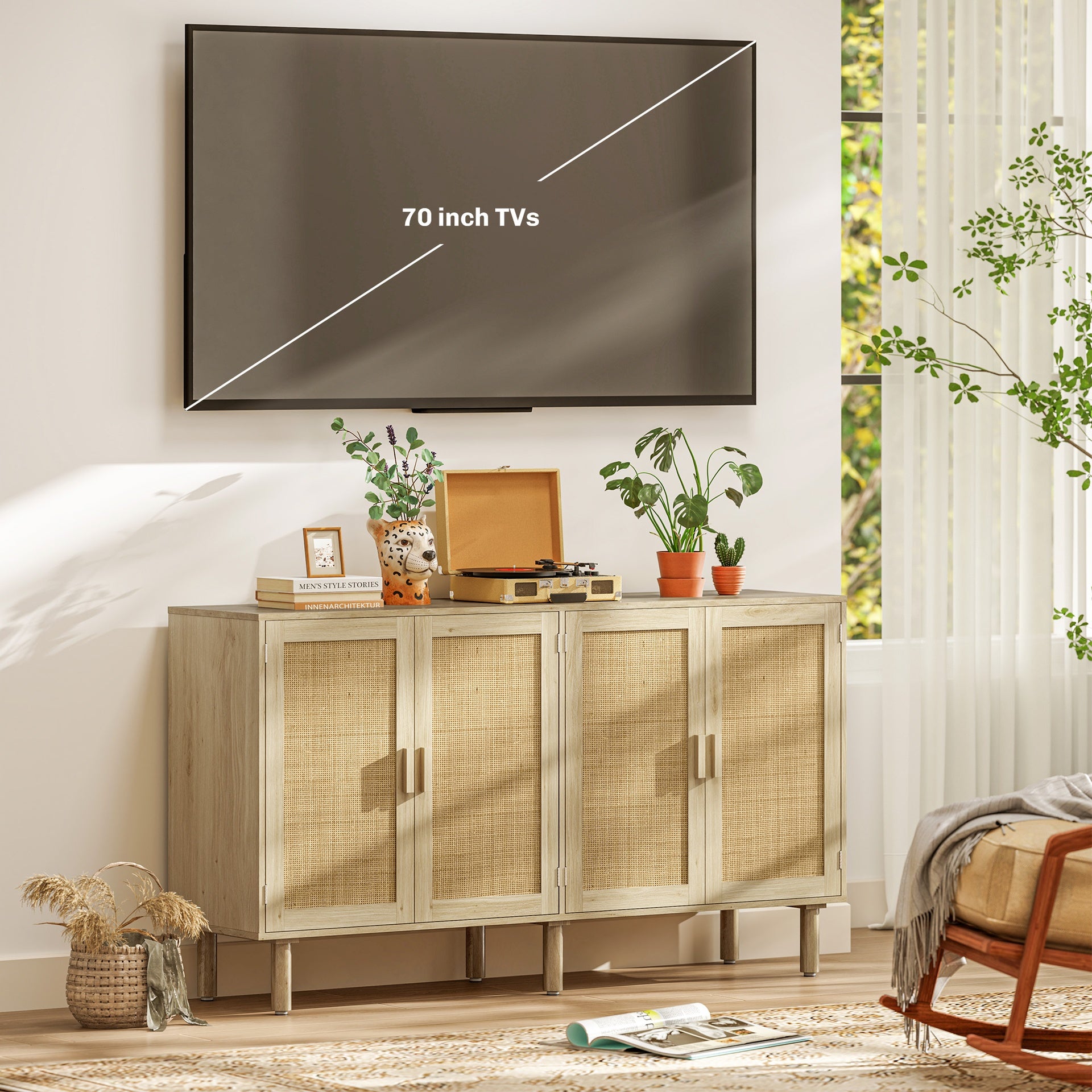 HOMCOM Bohemian Sideboard, 62.2" Buffet Cabinet with 4 Rattan Doors and Shelves for Living Room, Hallway, Natural
