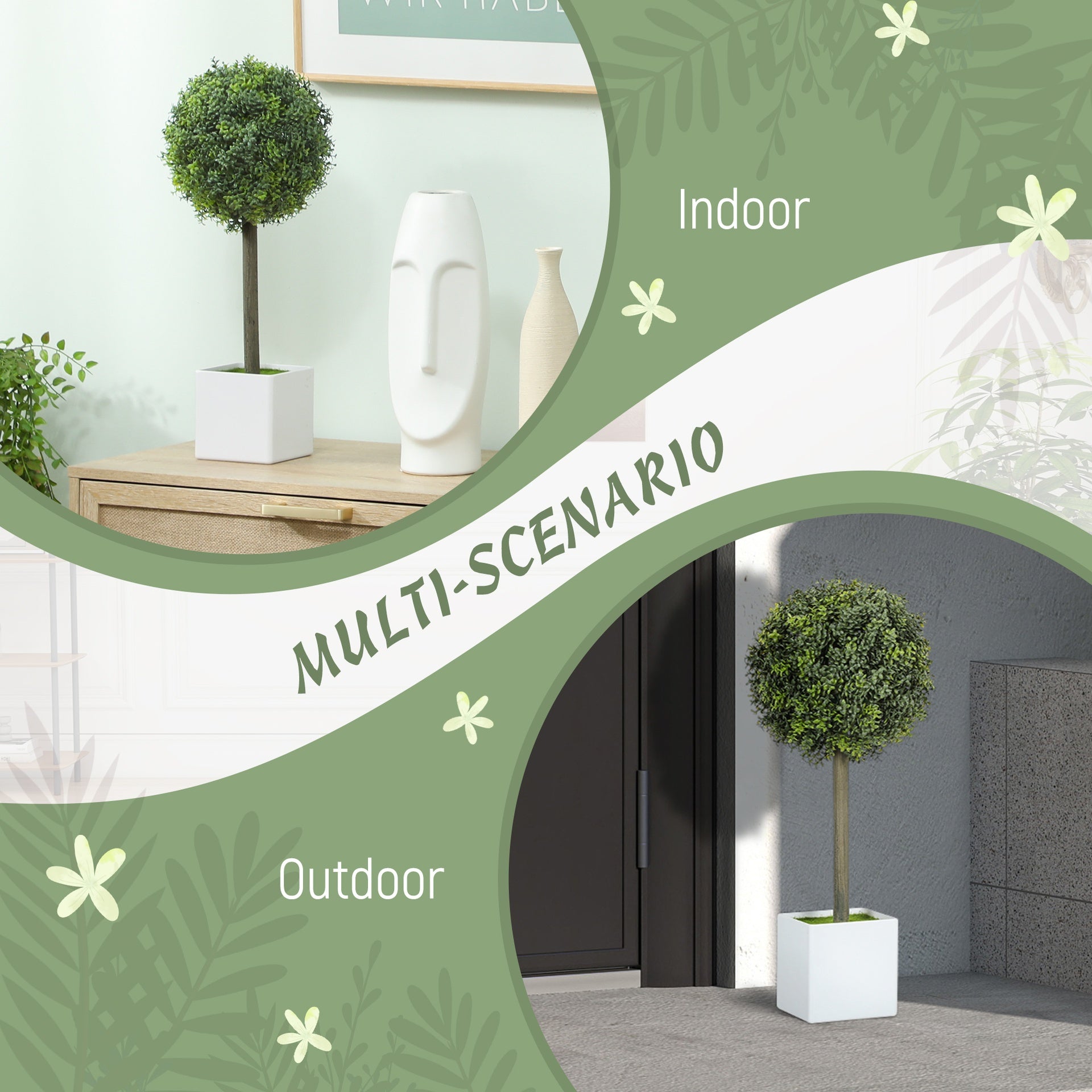 HOMCOM Lifelike Artificial Plants Set of 2, Fake Boxwood Topiary Balls with 114 PE Leaves for Home or Office Decor, Green