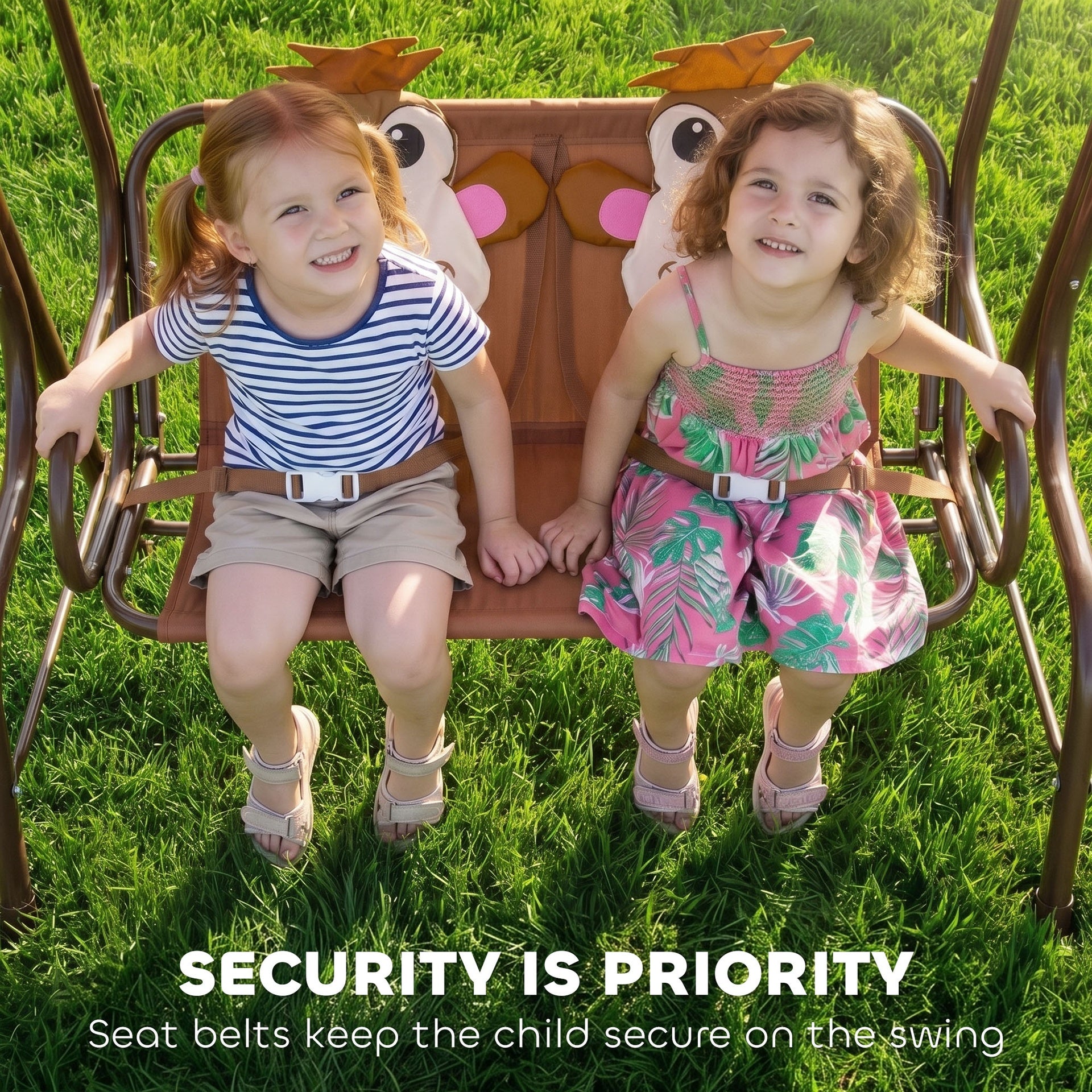 Outsunny Kids Patio Swing, 2-Seater Outdoor Swing Chair with Adjustable Canopy and Safety Belt, Monkey Pattern Hanging Swing Bench for Garden or Backyard, Coffee