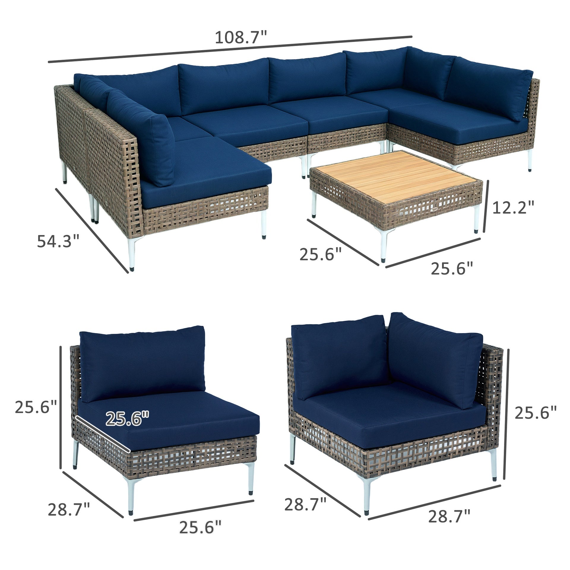Outsunny 7 Piece Wicker Patio Furniture Set, Modular Outdoor Sectional with Thickened Cushions, Acacia Wood Table, Brown/Blue