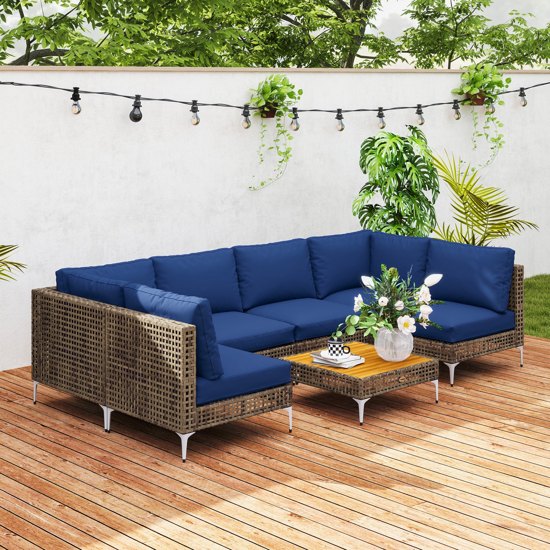 Outsunny 7 Piece Wicker Patio Furniture Set, Modular Outdoor Sectional with Thickened Cushions, Acacia Wood Table, Brown/Blue