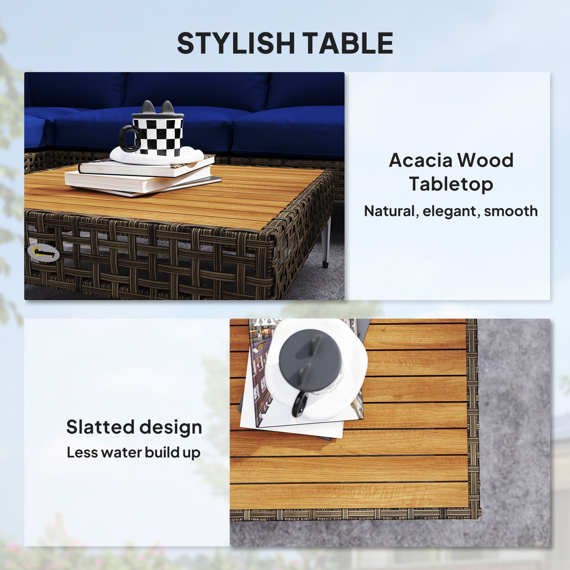 Outsunny 7 Piece Wicker Patio Furniture Set, Modular Outdoor Sectional with Thickened Cushions, Acacia Wood Table, Brown/Blue