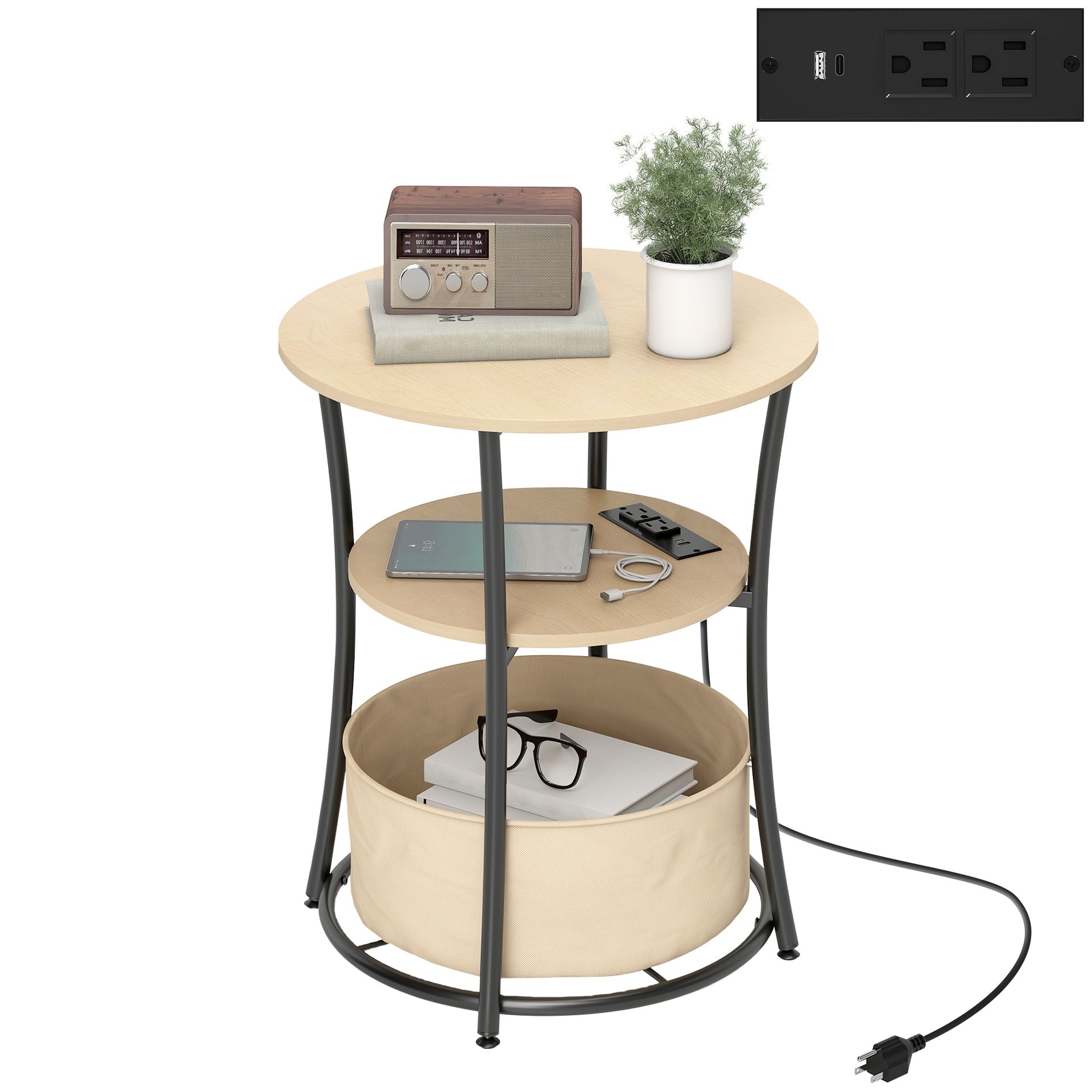 HOMCOM Round Side Table with Charging Station, 3-Tier End Table with Fabric Storage Bag and Shelf, Natural Wood