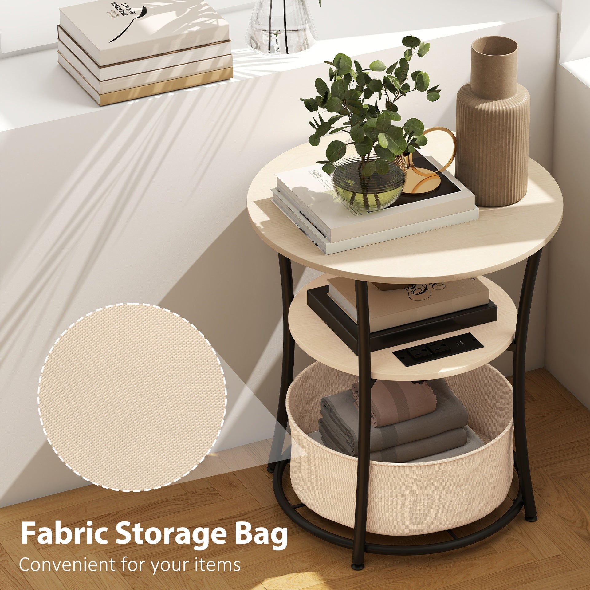 HOMCOM Round Side Table with Charging Station, 3-Tier End Table with Fabric Storage Bag and Shelf, Natural Wood