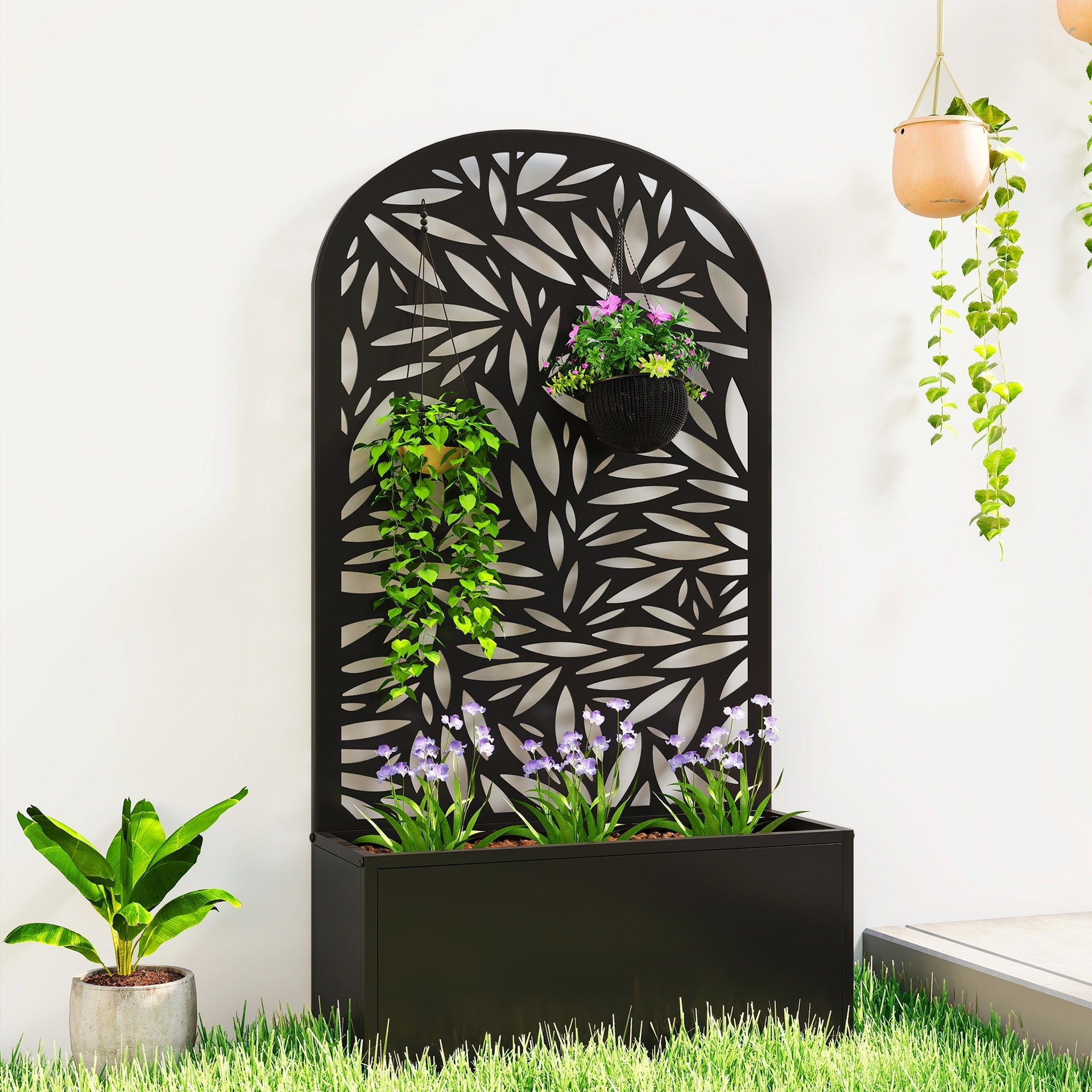 Outsunny Metal Garden Bed with Trellis for Climbing Plants, Freestanding or Wall Mounted Flower Bed for Garden, Patio, Balcony