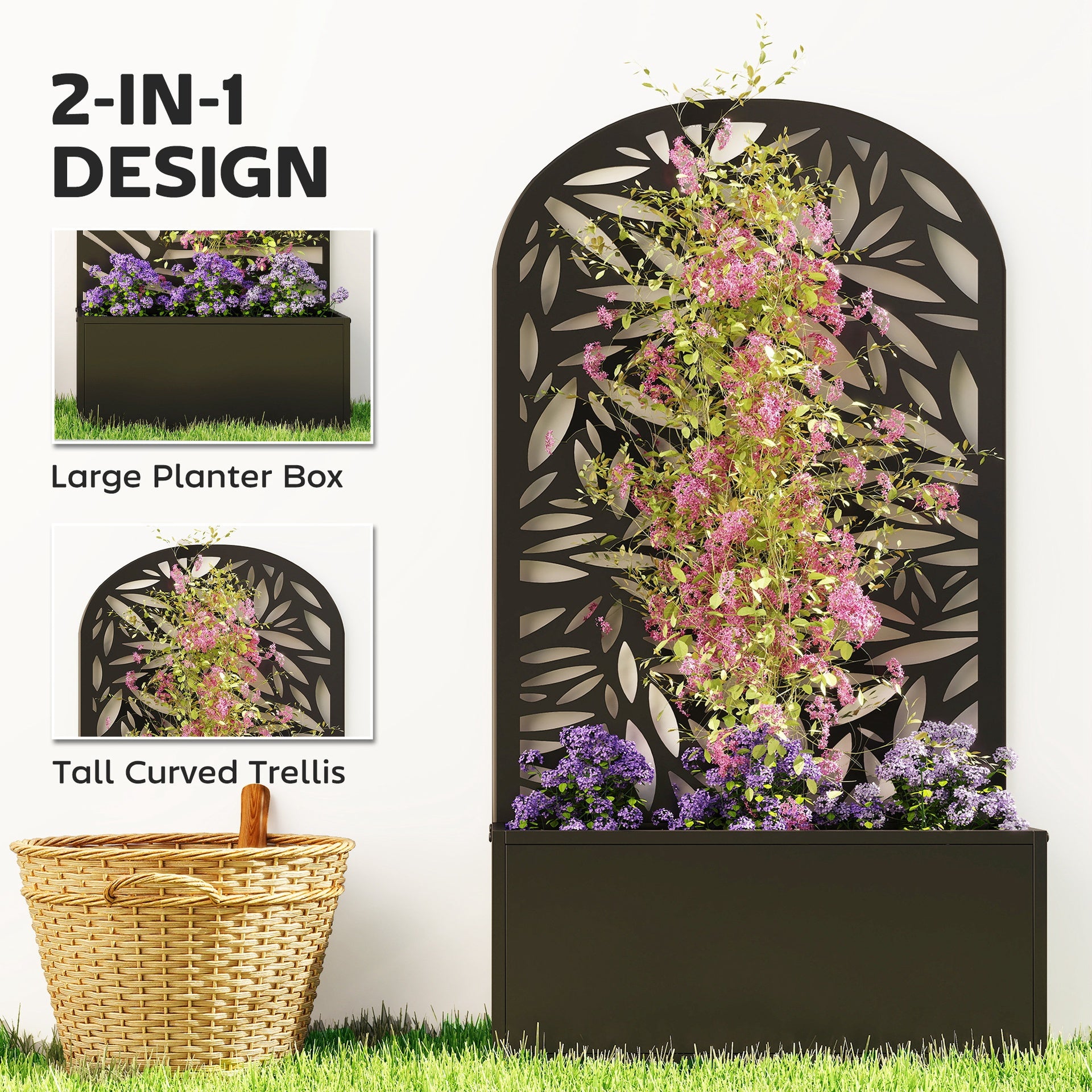 Outsunny Metal Garden Bed with Trellis for Climbing Plants, Freestanding or Wall Mounted Flower Bed for Garden, Patio, Balcony
