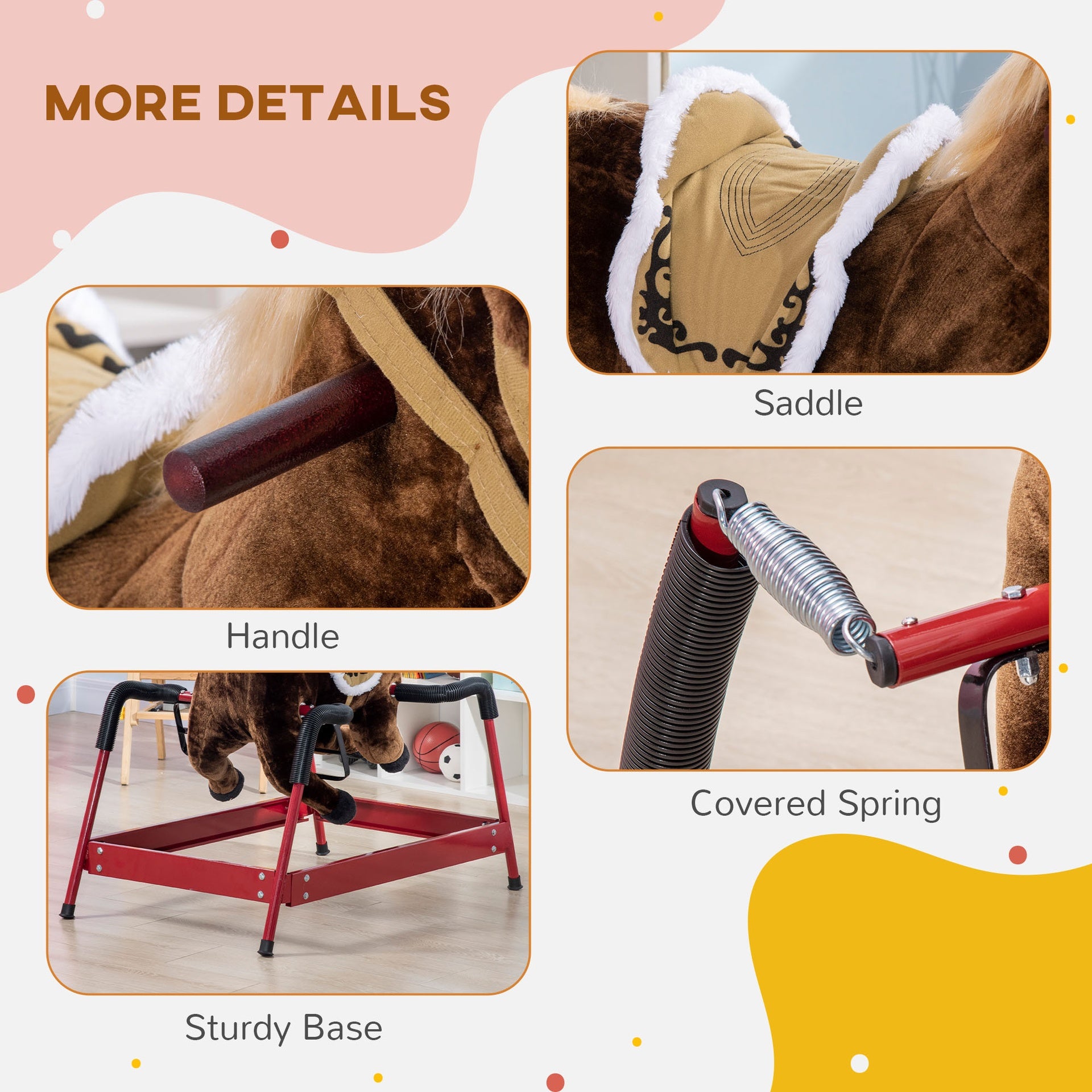 Qaba Kids Spring Rocking Horse, Ride on Horse for Girls and Boys with Sounds, Plush Animal Ride-on Toy with Soft Feel, Interactive Toy for Kids, Dark Brown