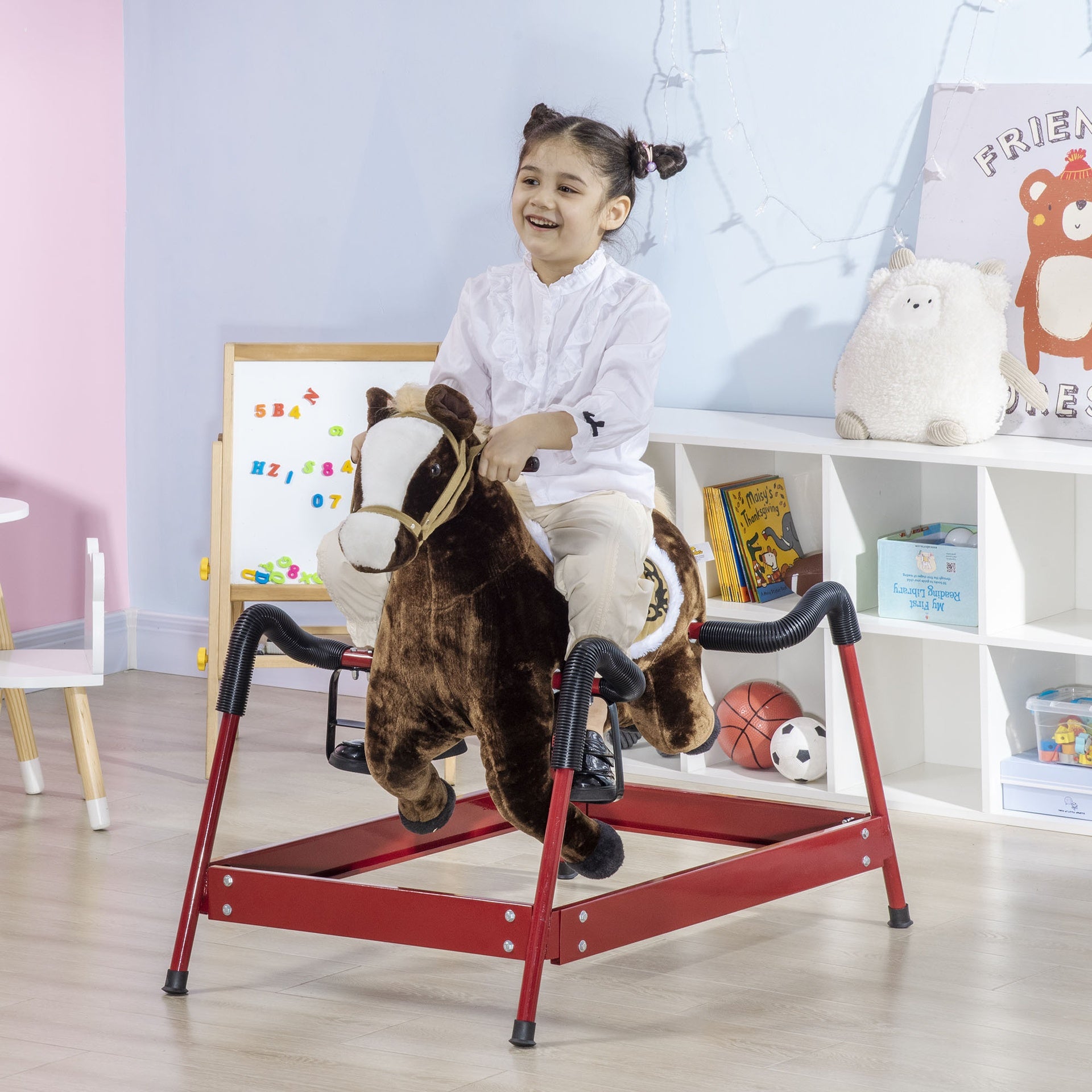 Qaba Kids Spring Rocking Horse, Ride on Horse for Girls and Boys with Sounds, Plush Animal Ride-on Toy with Soft Feel, Interactive Toy for Kids, Dark Brown