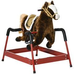 Qaba Kids Spring Rocking Horse, Ride on Horse for Girls and Boys with Sounds, Plush Animal Ride-on Toy with Soft Feel, Interactive Toy for Kids, Dark Brown