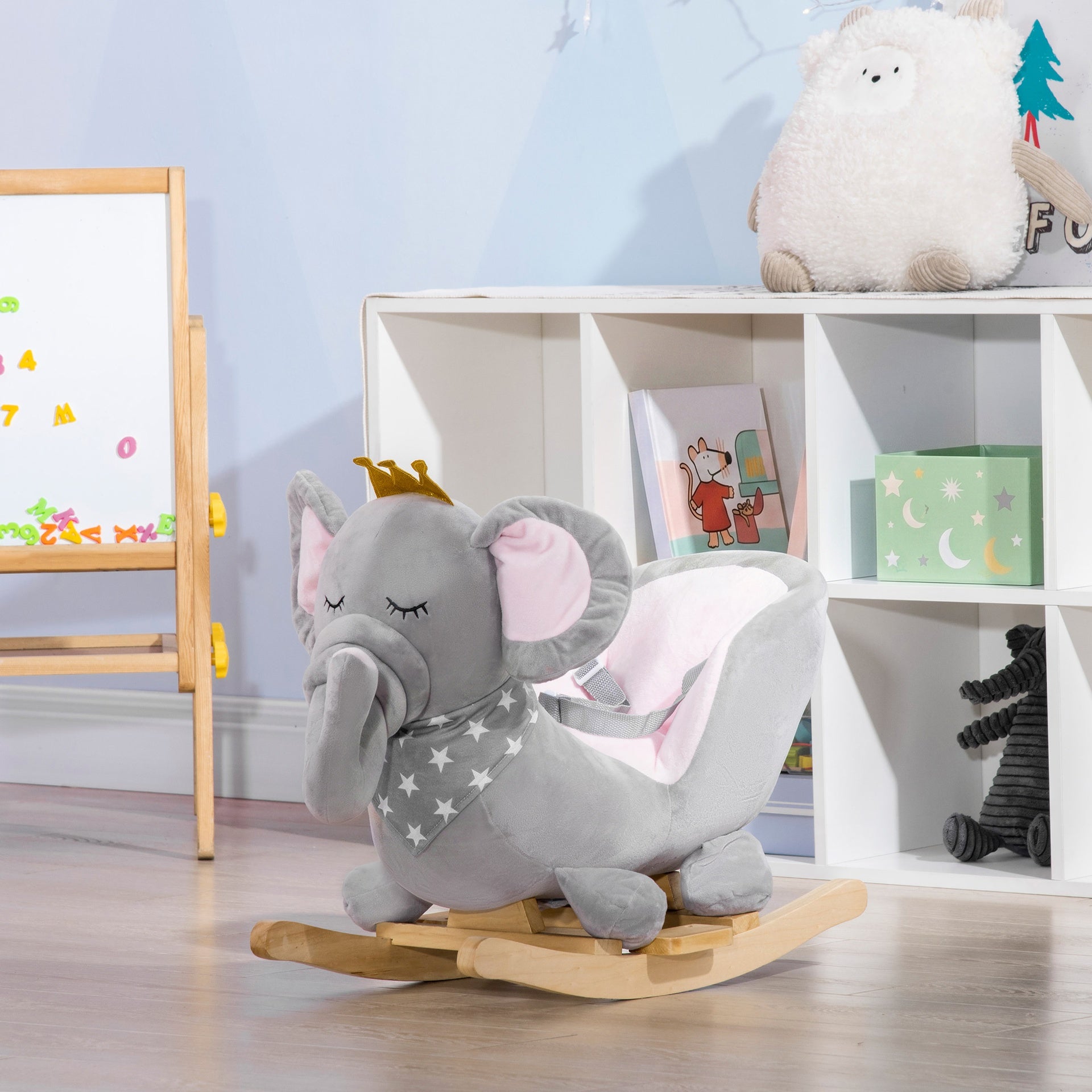 Qaba Baby Rocking Horse Elephant Rocking Chair Toddler Rocker Toy with Sound Wooden Base Seat for 1.5-3 Year Old, Gray