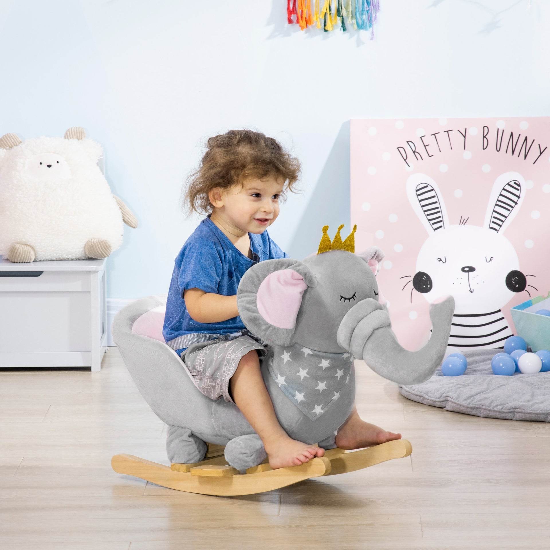 Qaba Baby Rocking Horse Elephant Rocking Chair Toddler Rocker Toy with Sound Wooden Base Seat for 1.5-3 Year Old, Gray