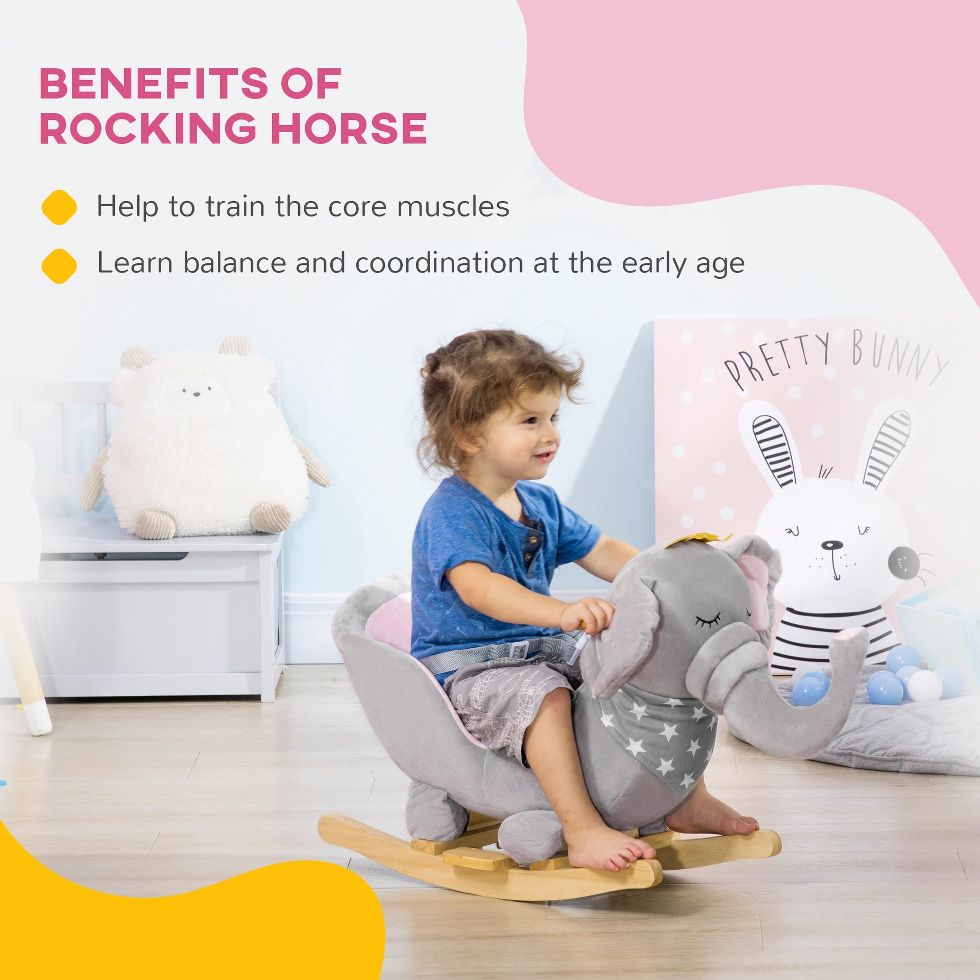 Qaba Baby Rocking Horse Elephant Rocking Chair Toddler Rocker Toy with Sound Wooden Base Seat for 1.5-3 Year Old, Gray