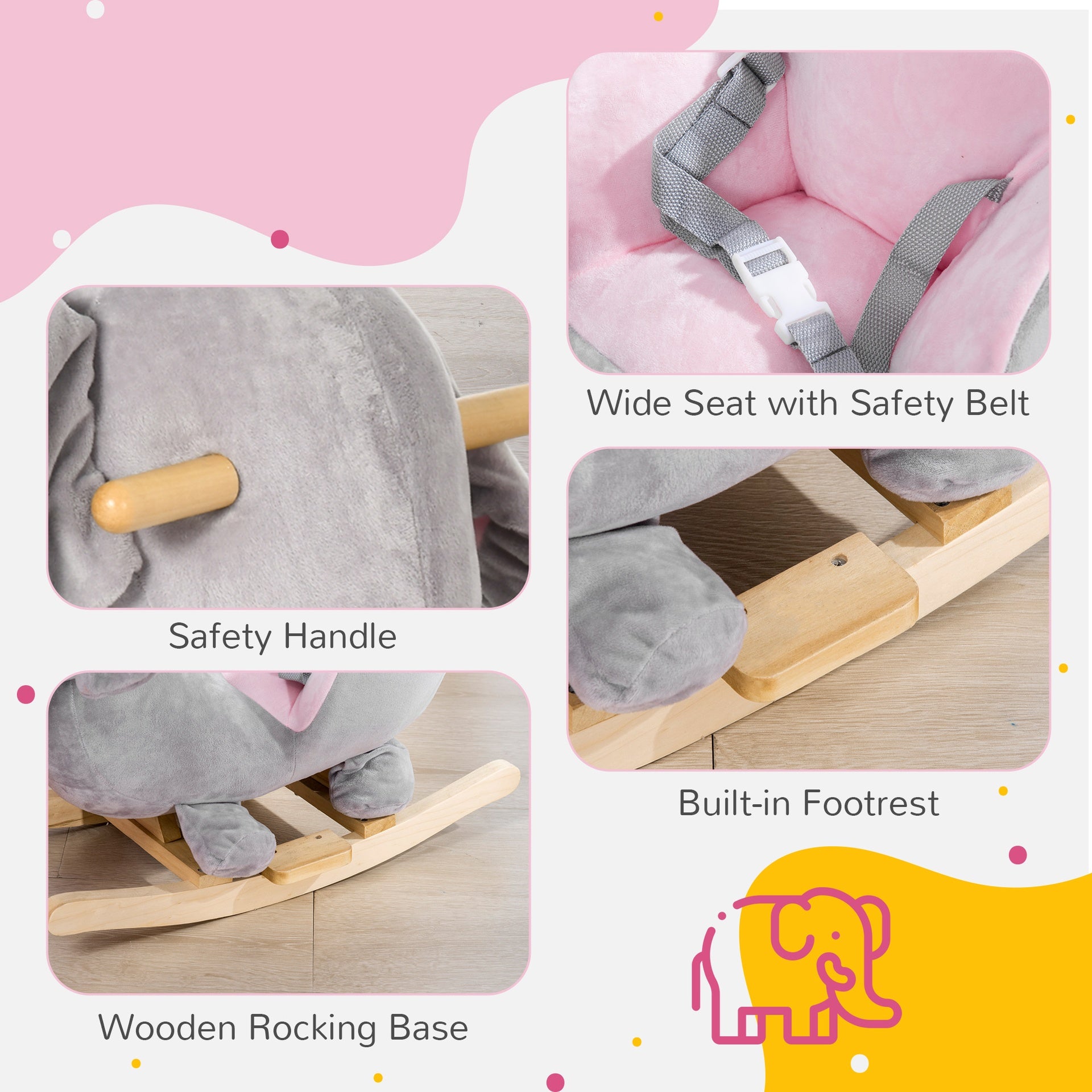 Qaba Baby Rocking Horse Elephant Rocking Chair Toddler Rocker Toy with Sound Wooden Base Seat for 1.5-3 Year Old, Gray