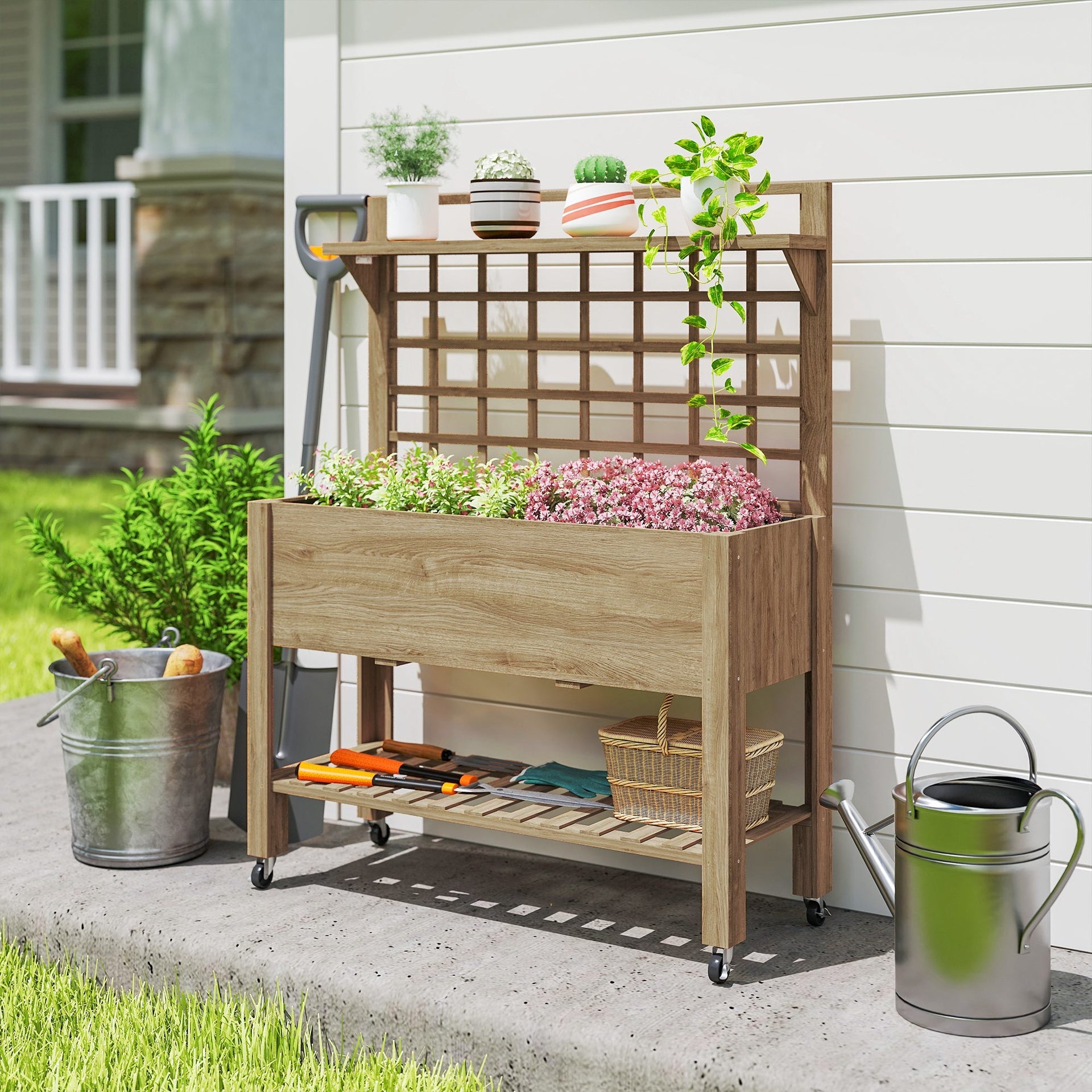 Outsunny 41" Raised Garden Bed Mobile Elevated Wooden Planter Box Stand with Wheels, Trellis and Storage Shelf, Dark Brown