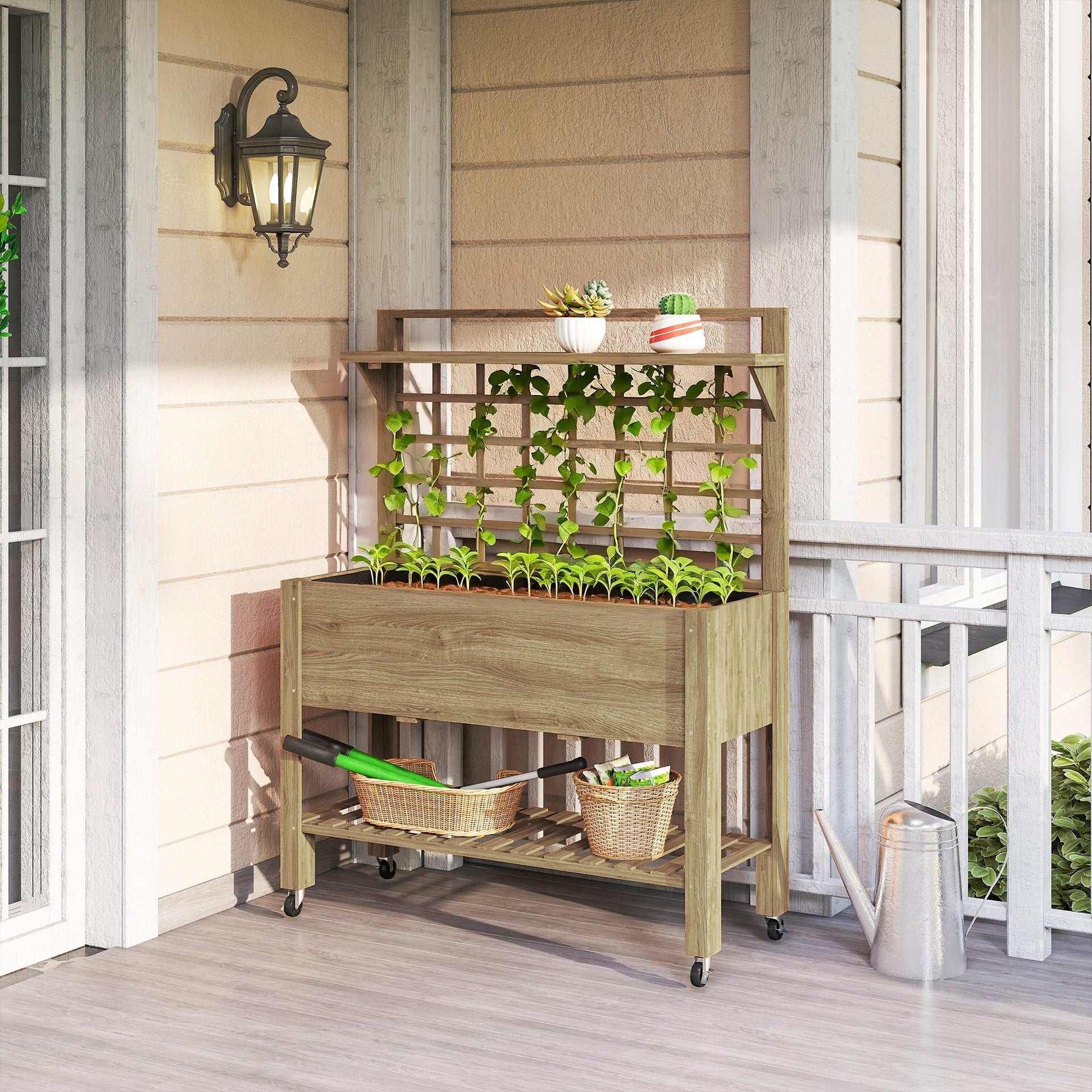 Outsunny 41" Raised Garden Bed Mobile Elevated Wooden Planter Box Stand with Wheels, Trellis and Storage Shelf, Dark Brown