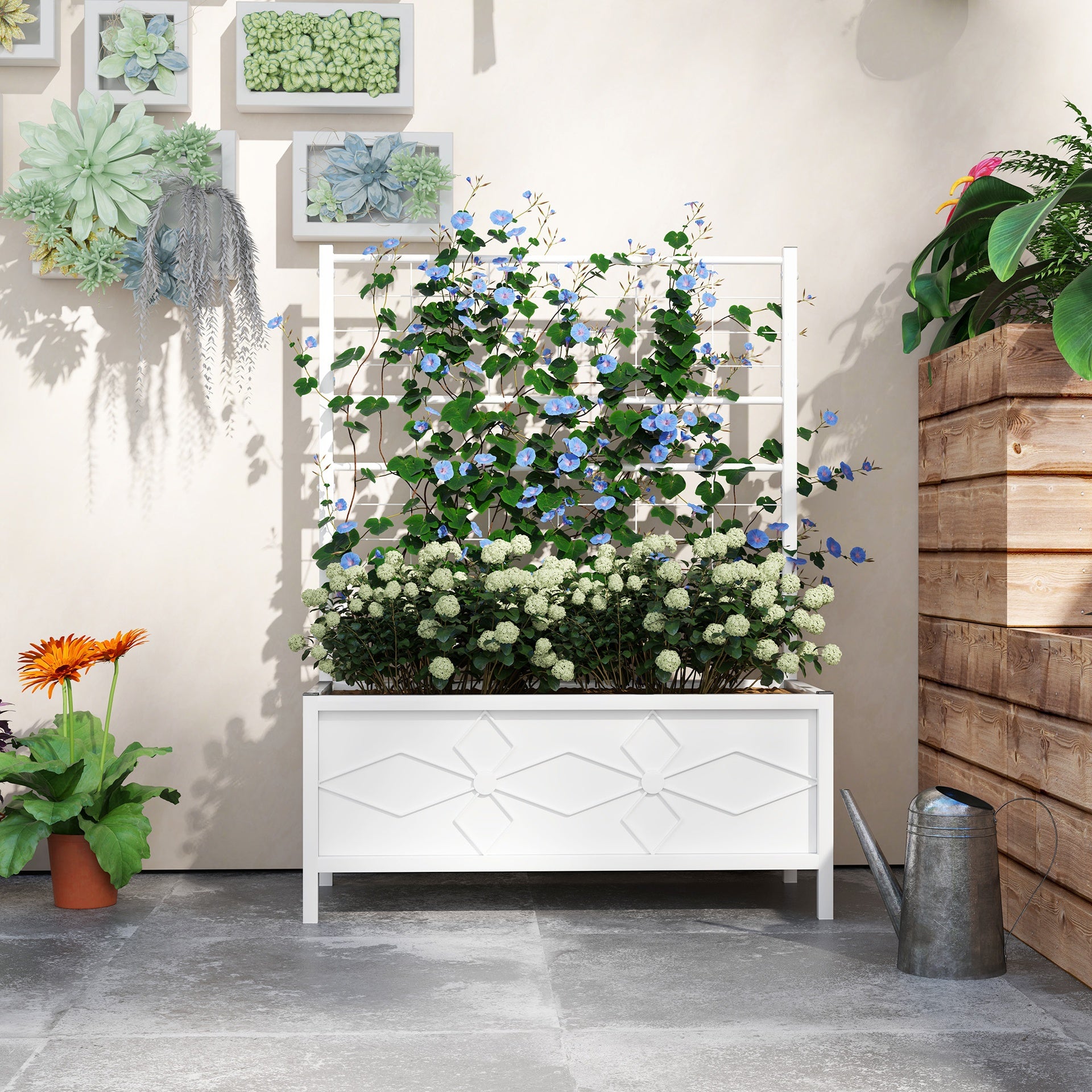 Outsunny Outdoor Planter Box Galvanized Raised Garden Bed with Trellis for Climbing Vines, 35.4" x 15.7" x 47.2", White