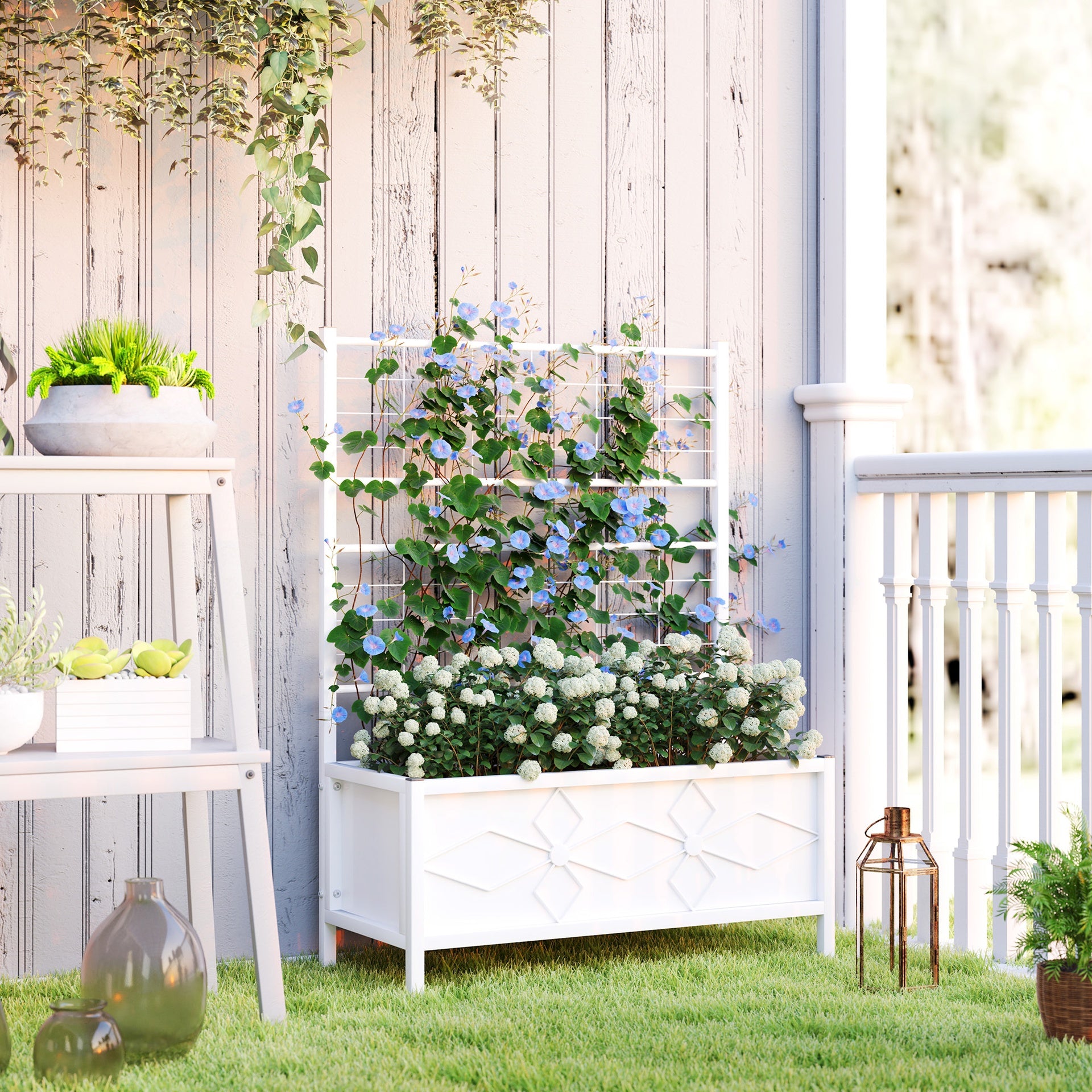 Outsunny Outdoor Planter Box Galvanized Raised Garden Bed with Trellis for Climbing Vines, 35.4" x 15.7" x 47.2", White