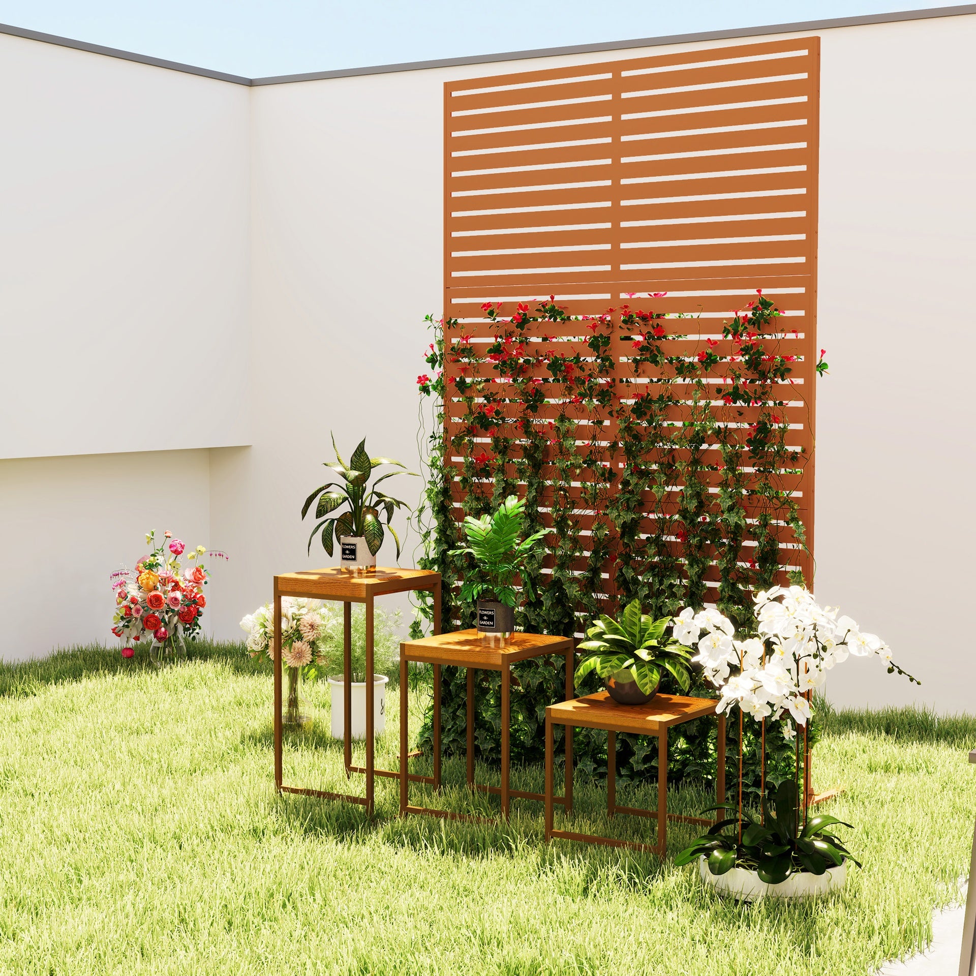 Outsunny Decorative Privacy Fence Screen, Metal Outdoor Privacy Screen Climbing Plant Trellis with Stand, 78" H x 48" W, Brown