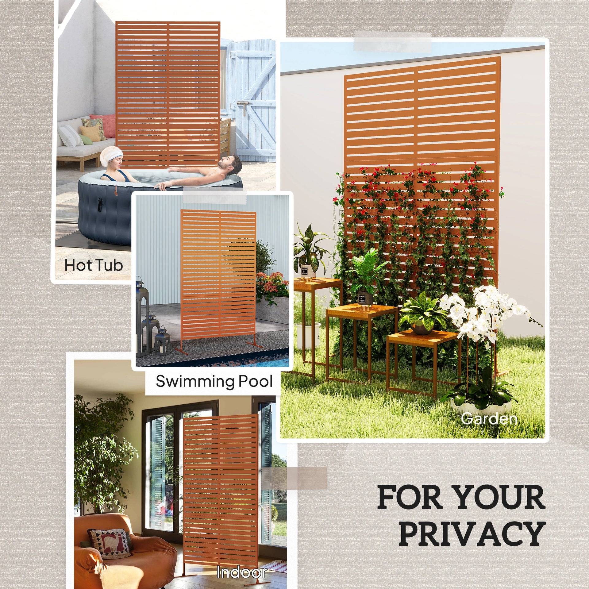 Outsunny Decorative Privacy Fence Screen, Metal Outdoor Privacy Screen Climbing Plant Trellis with Stand, 78" H x 48" W, Brown