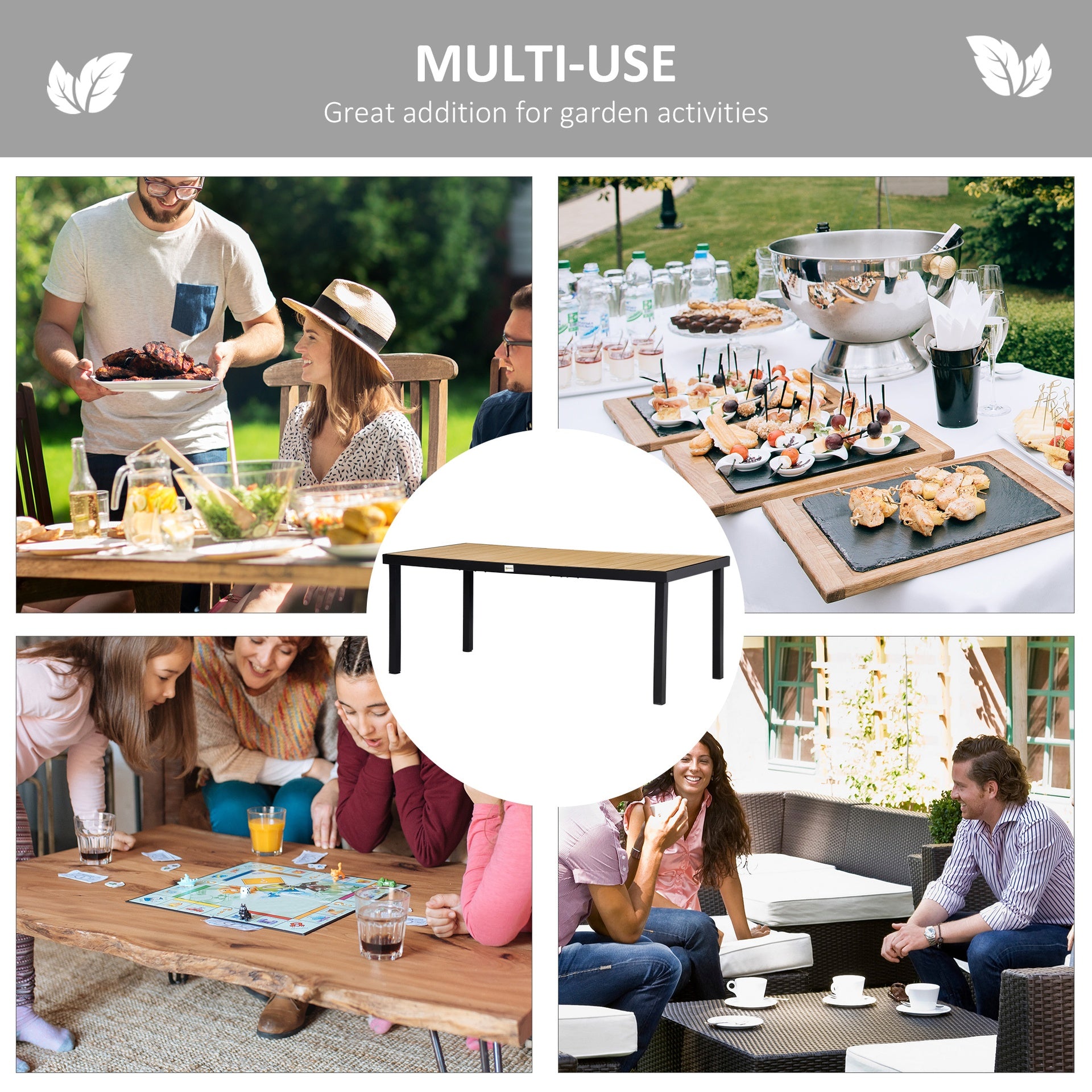 Outsunny 75" x 35" Outdoor Dining Table for 8 People, Rectangular Aluminum Frame Garden Table with All-Weather Faux Wood Top for Lawn, Patio, Natural