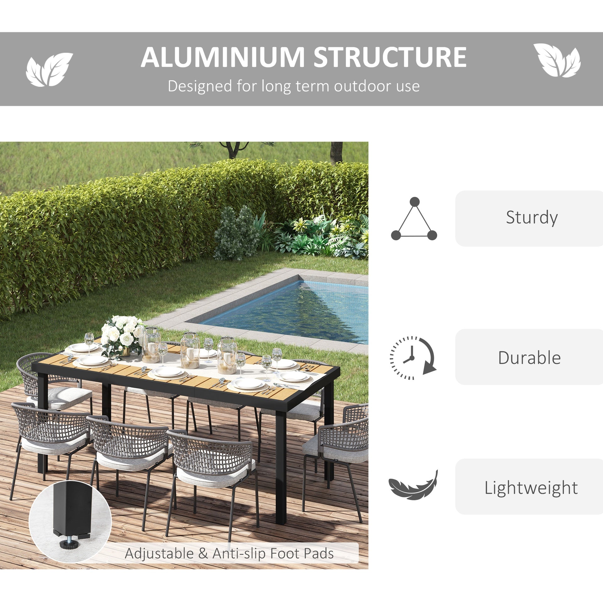 Outsunny 75" x 35" Outdoor Dining Table for 8 People, Rectangular Aluminum Frame Garden Table with All-Weather Faux Wood Top for Lawn, Patio, Natural