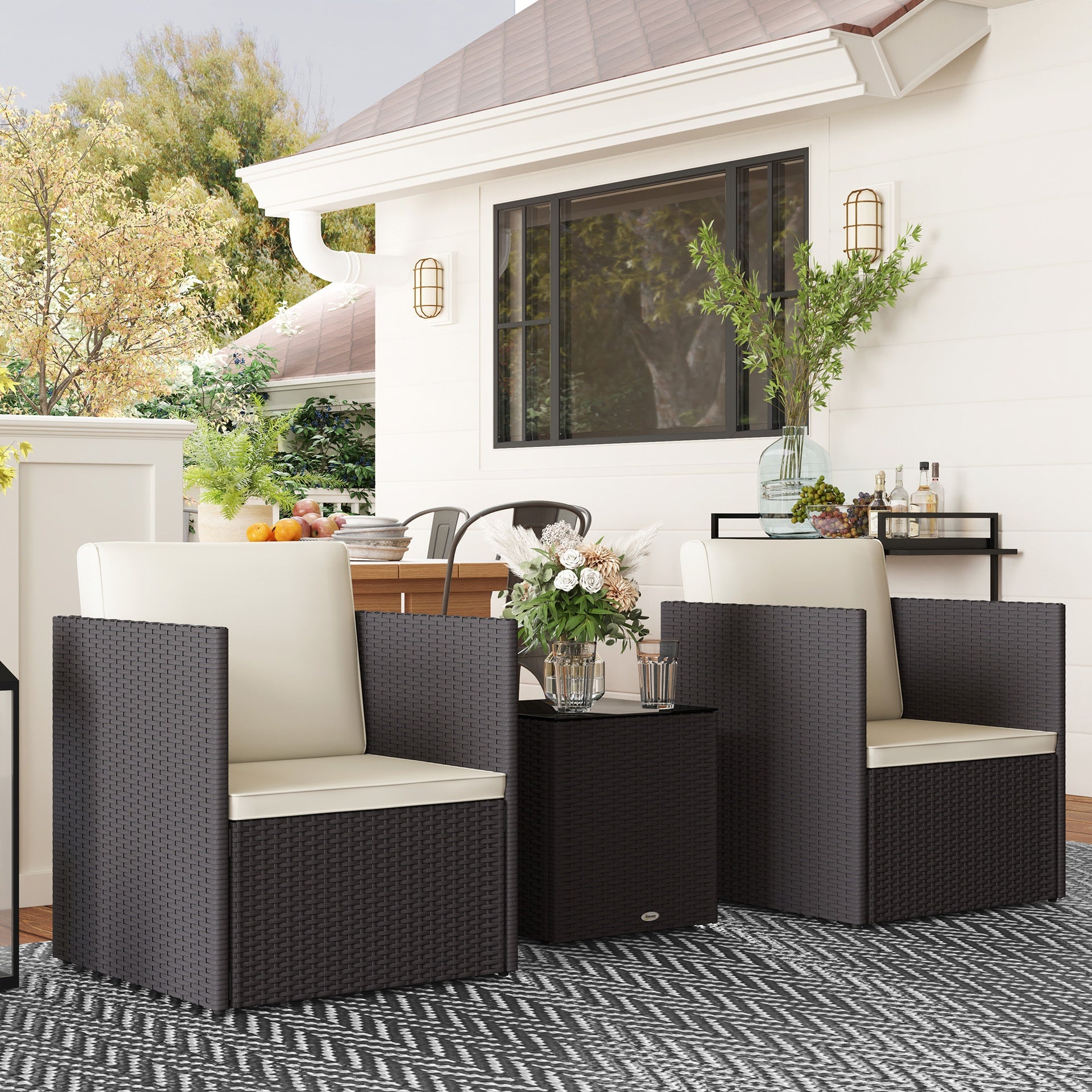 Outsunny Folding Wicker Bistro Set, 3 Piece Patio Furniture Set with Cushions and Glass Coffee Table for Porch, Balcony, Brown