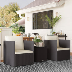 Outsunny Folding Wicker Bistro Set, 3 Piece Patio Furniture Set with Cushions and Glass Coffee Table for Porch, Balcony, Brown
